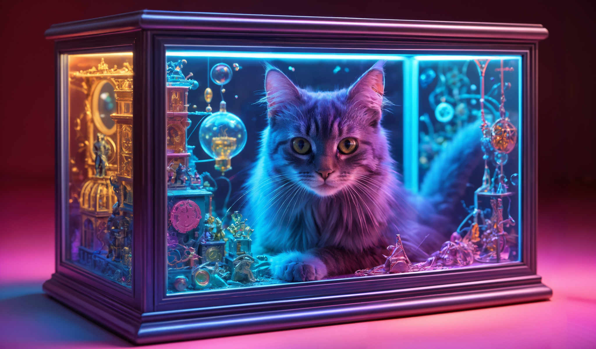 A purple cat is sitting in a blue box with a clock and other objects inside.