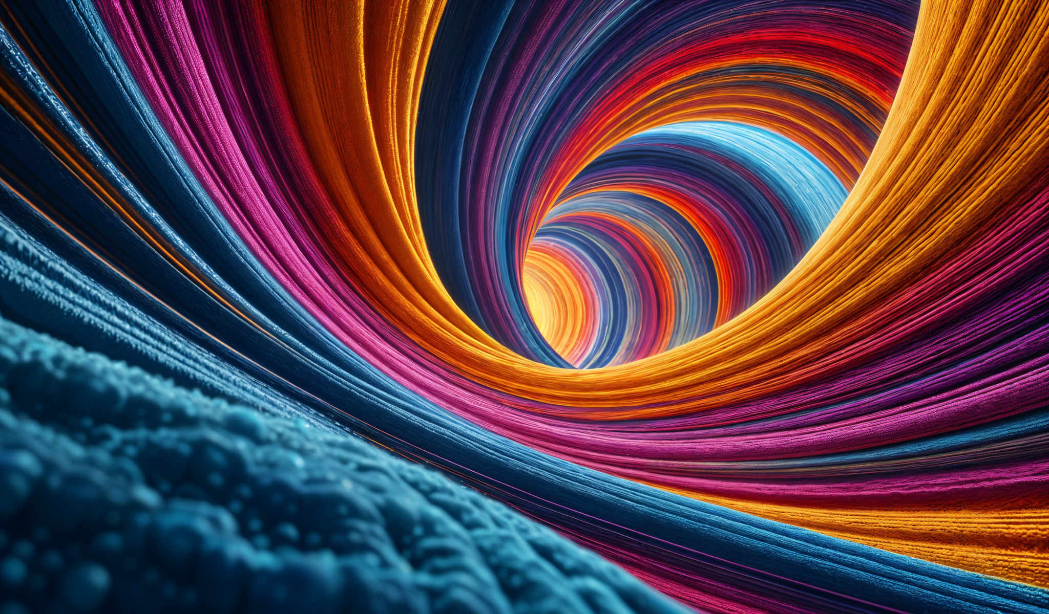 A vibrant abstract image of a spiral of threads in various colors including blue red orange and purple. The spiral is composed of thin curved lines that create a sense of depth and movement. The colors are bright and vivid adding to the overall visual appeal of the piece. The image does not contain any discernible objects or text. The focus is solely on the abstract design and the interplay of colors. The relative positions of the colors create a harmonious balance making the image visually pleasing. The overall effect is a captivating and colorful abstract piece.