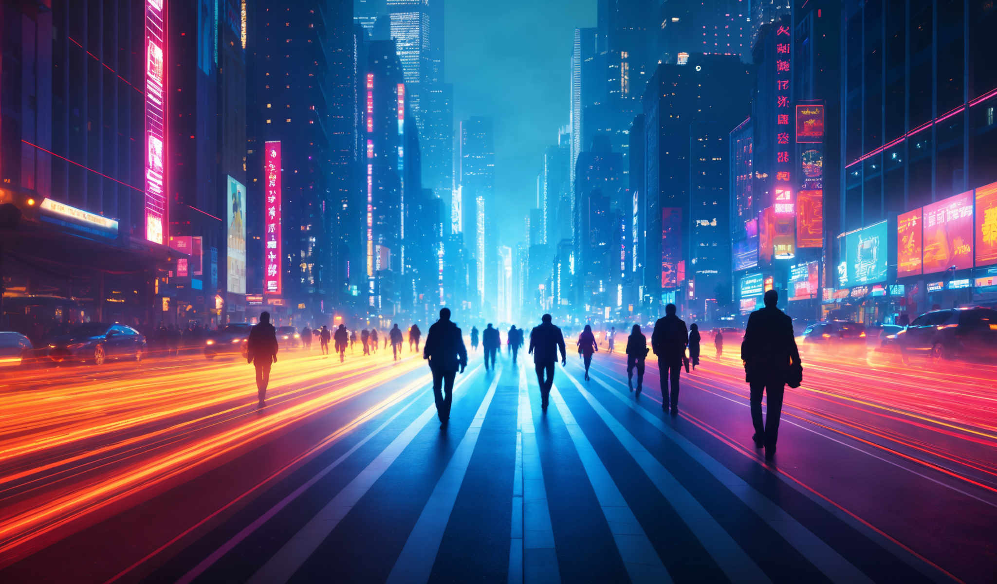 A group of people walking down a city street at night.