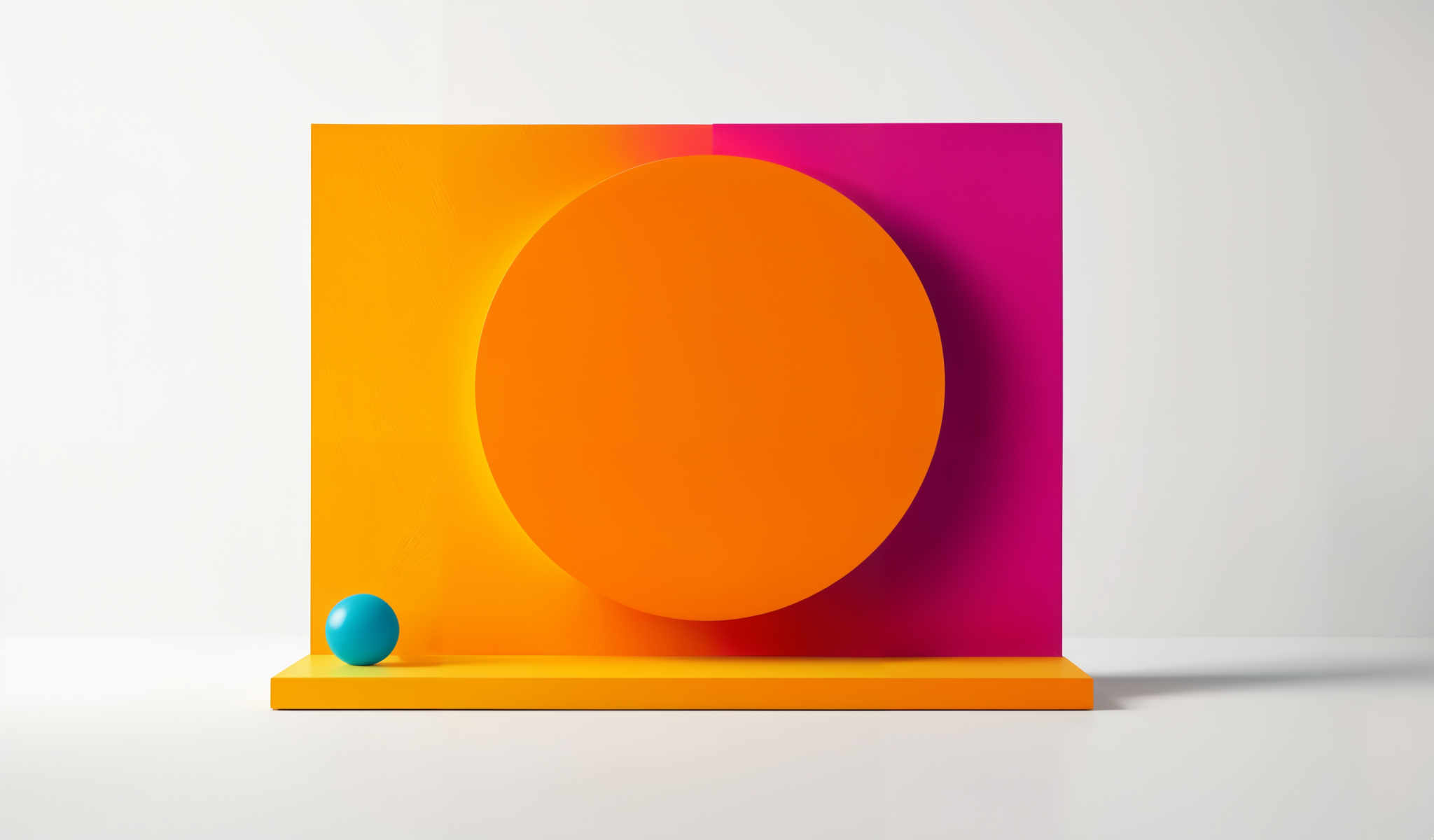 A colorful abstract art piece with a large orange circle and a smaller blue circle.