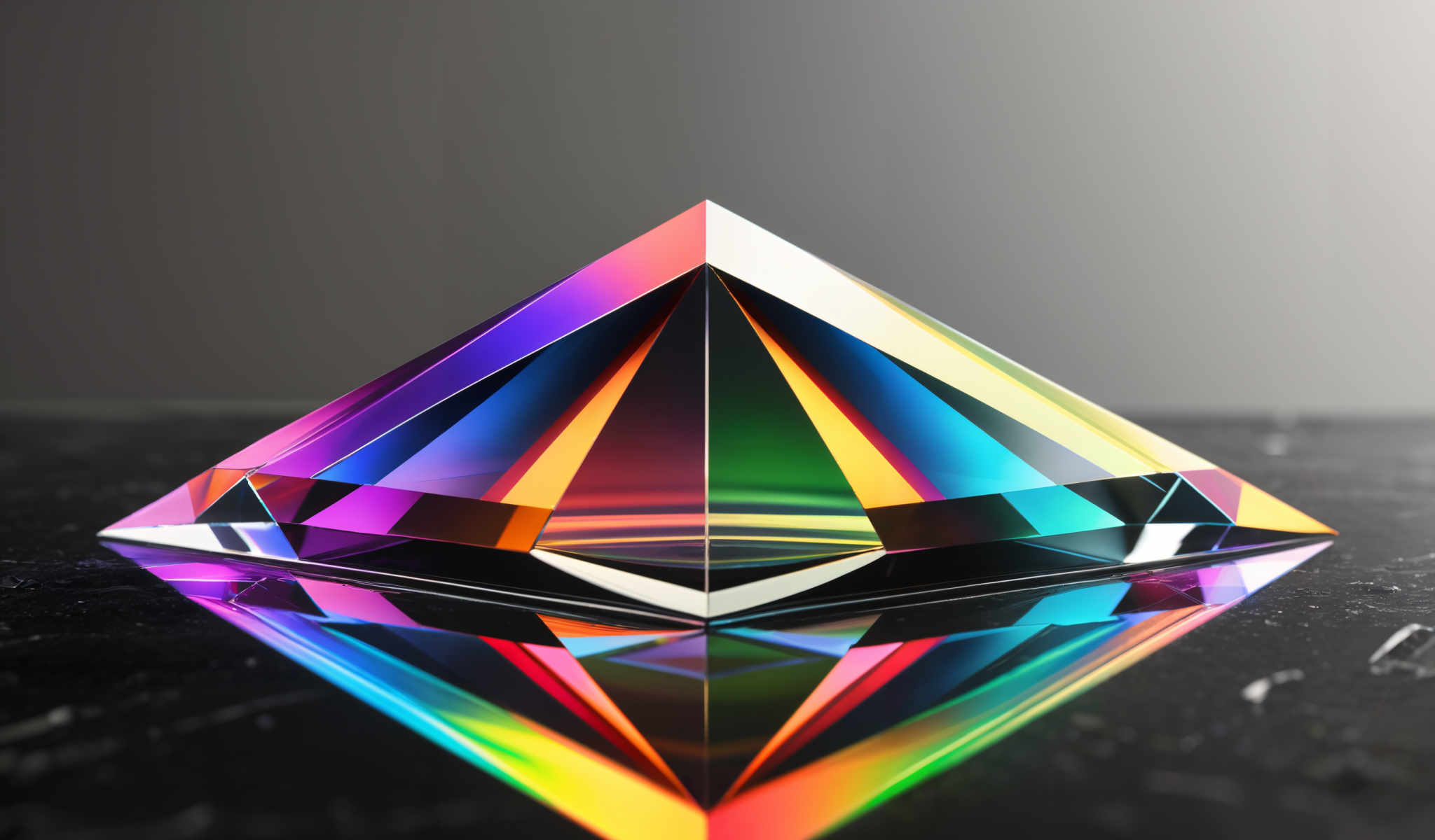 A colorful geometrically shaped object is displayed against a gray background. The object is composed of multiple triangular pieces each exhibiting a different color. The colors range from red and blue to green and yellow creating a vibrant and eye-catching visual effect. The arrangement of the triangles is such that they form a larger more complex shape adding depth and dimension to the object. The gray background serves to highlight the object drawing attention to its unique design and color scheme. The image does not contain any text or other discernible objects. The focus is solely on the colorful triangular object and its intricate design.