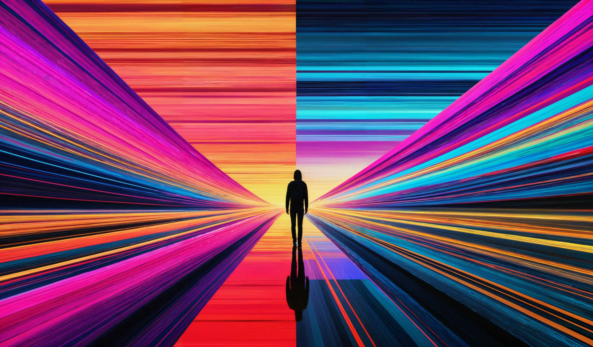 A person is walking through a colorful tunnel.