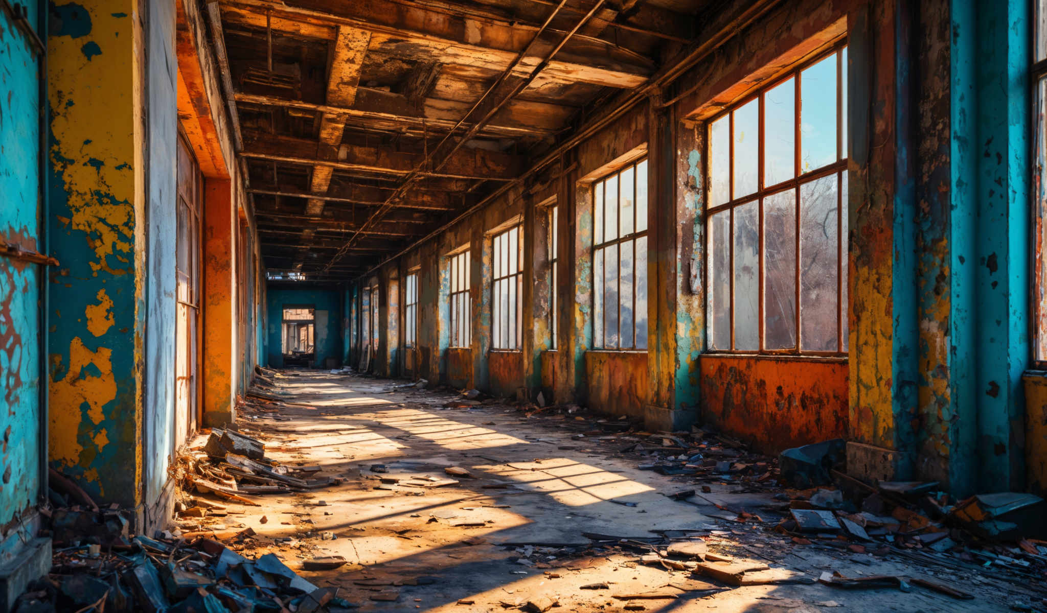 An abandoned building with peeling paint and broken windows.