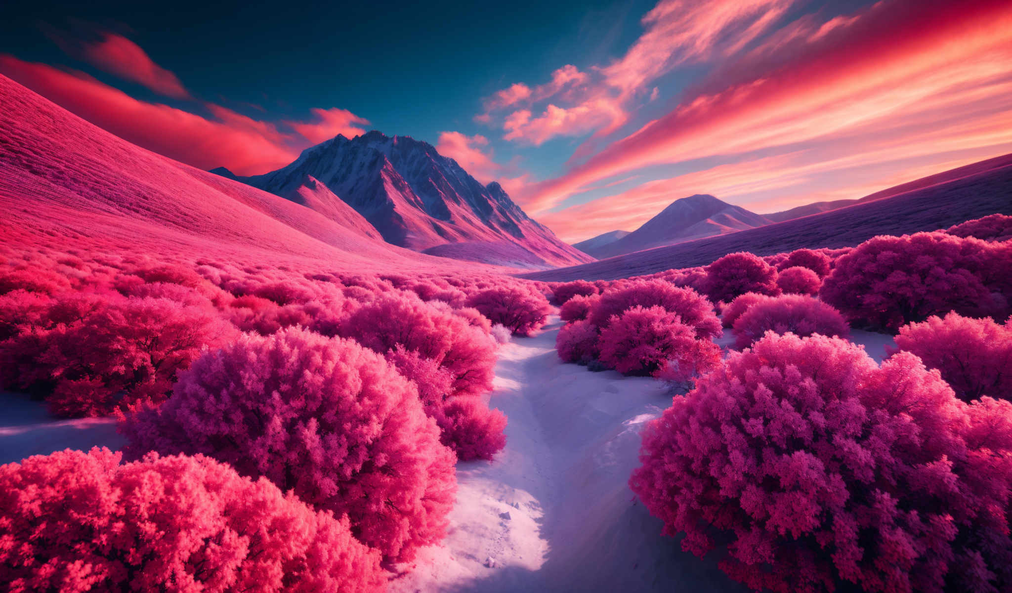 A field of pink flowers with a mountain in the background.