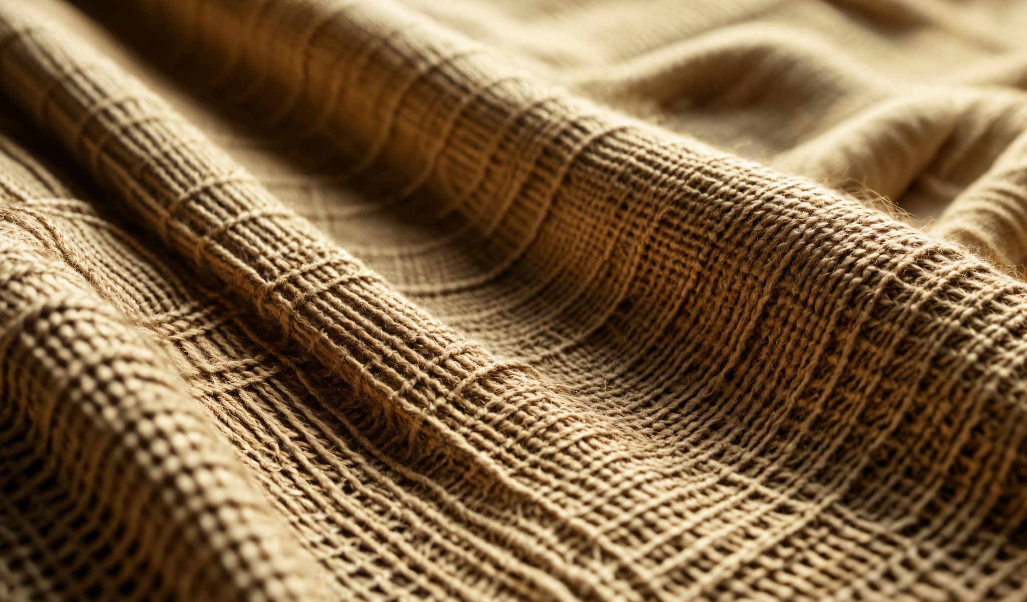 A close up of a woven fabric with a tan color. The fabric has a zigzag pattern and is made of a thick textured material. The image is taken from a top down perspective.