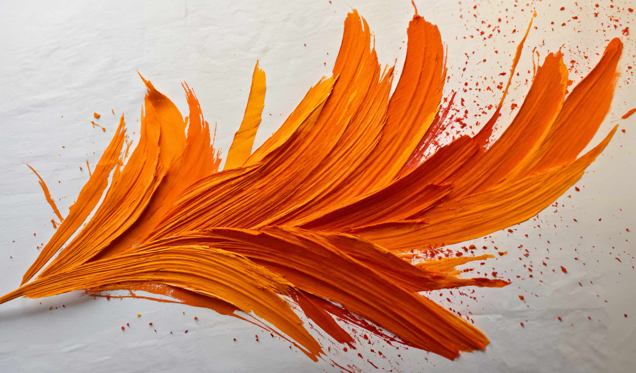 A vibrant painting of a leaf painted in a striking shade of orange is the focal point of the artwork. The leaf with its jagged edges is composed of numerous thin brushstrokes giving it a sense of depth and texture. The background is a stark white providing a strong contrast to the orange leaf. Scattered throughout the painting are small orange splatters adding an element of spontaneity and dynamism to the piece. The overall composition is balanced with the leaf centrally placed and the splatters evenly distributed. The painting is a beautiful representation of the natural world captured in a moment of artistic expression.