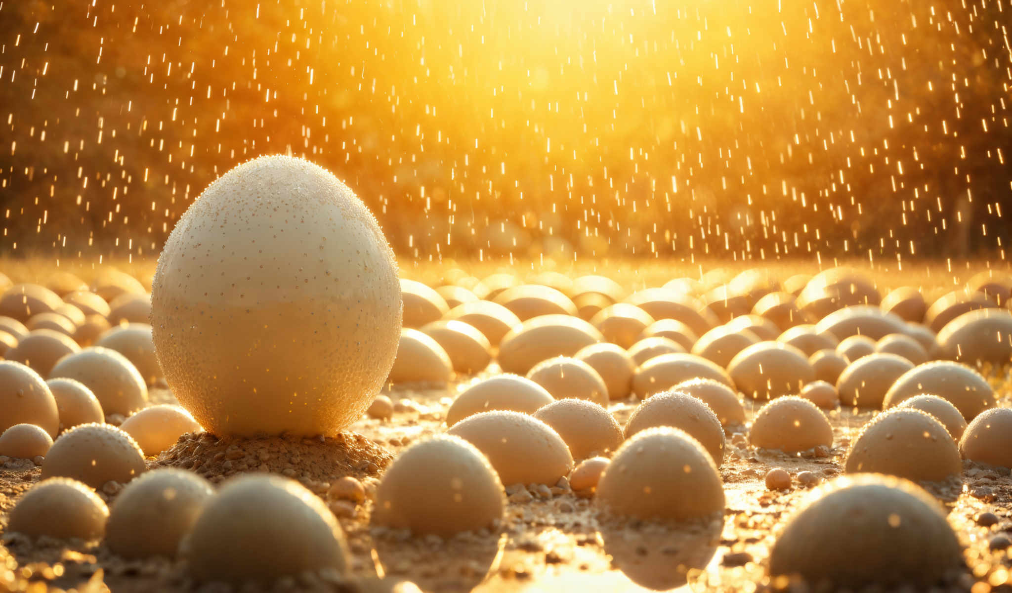 A group of eggs are on a bed of sand.