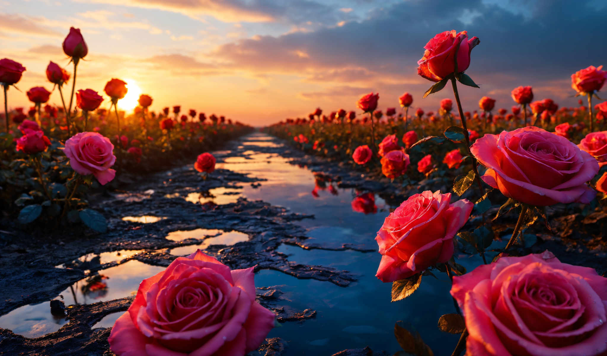 A field of red roses with a river flowing through it.