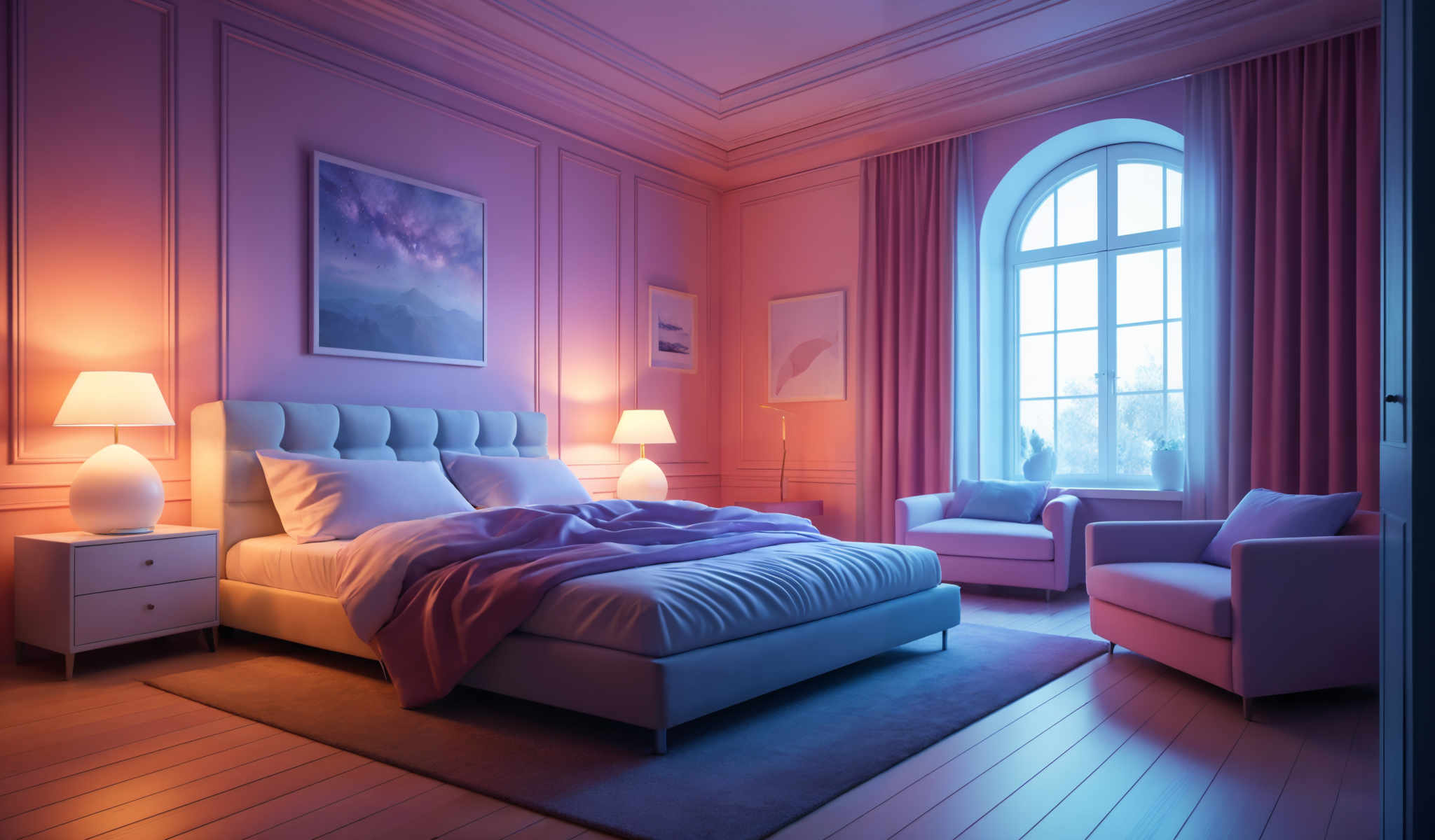 A bedroom with a large window and a pink wall. The room is furnished with a bed a couch and a chair. The bed is covered with a purple blanket and has a white pillow. The couch is pink and the chair is blue. The window has a blue curtain and a white frame. The floor is made of wood.