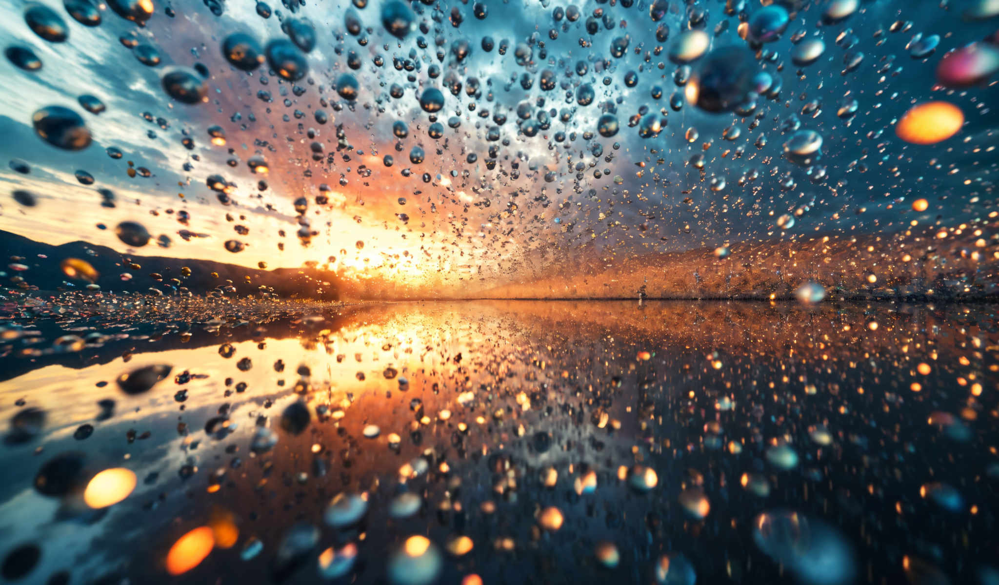 The image captures a serene scene of a sunset over a body of water. The sky awash with hues of orange and blue is dotted with numerous small round clear bubbles. These bubbles scattered throughout the sky add a touch of whimsy to the scene. The water below mirrors the sky's colors its surface rippling gently. The sun partially obscured by the bubbles casts a warm golden glow that illuminates the entire scene. This image is a beautiful representation of nature's tranquility and the magic of light and water.