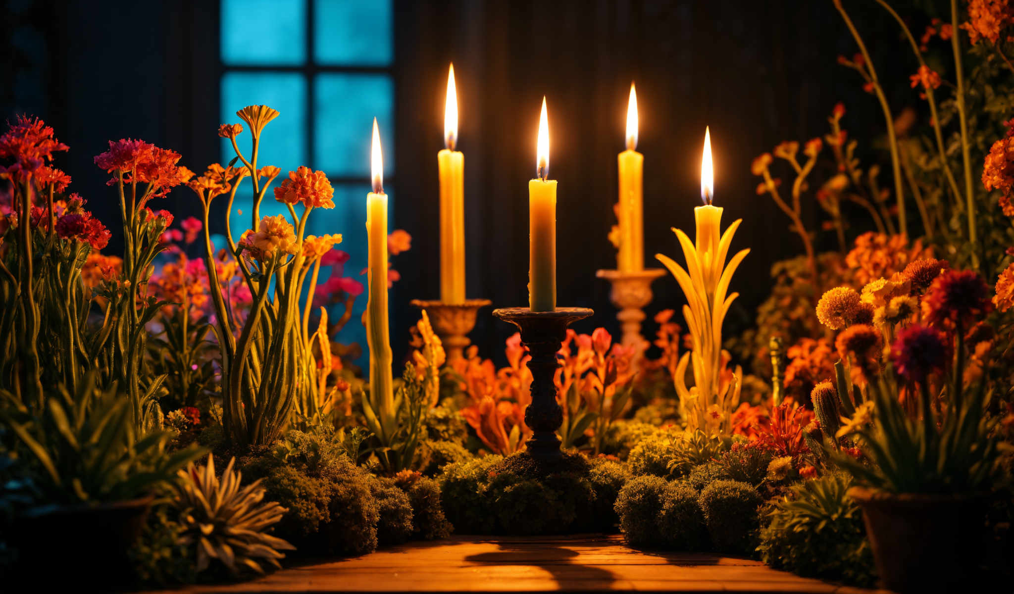 A group of candles in a dark room with flowers.