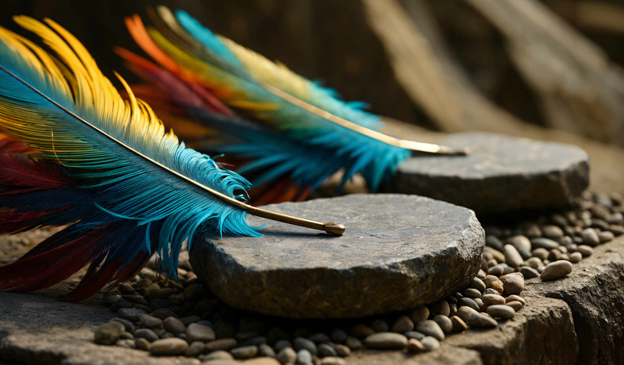 The image shows a collection of feathers and stones. The feathers which are blue green and yellow are arranged in a fan-like manner. They are accompanied by a gold-colored feather quill and a stone. The stone is gray and is surrounded by small pebbles. The background is a dark brown color.