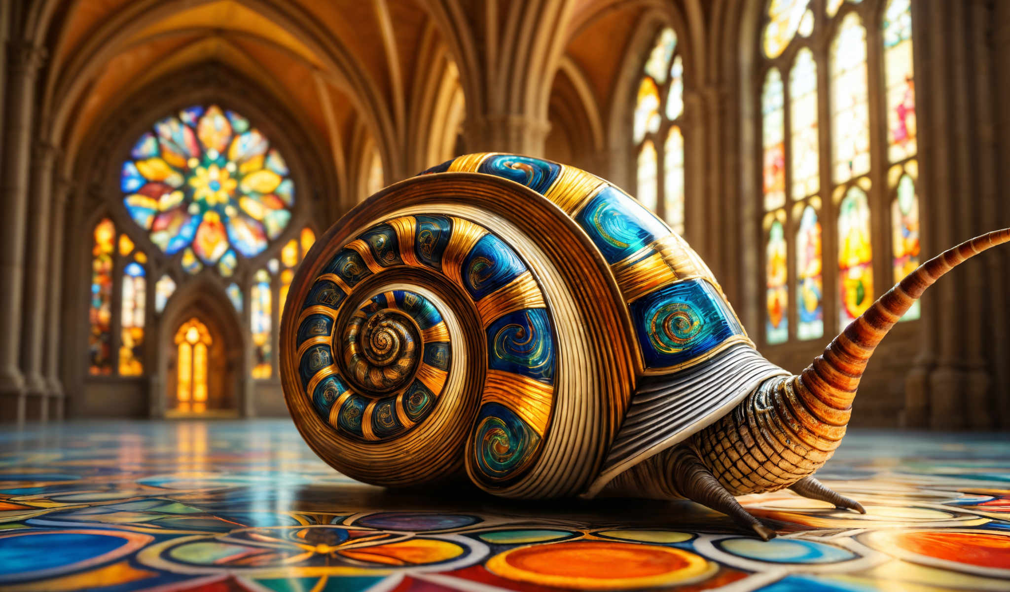 A colorful spiral shell rests on a mosaic floor.