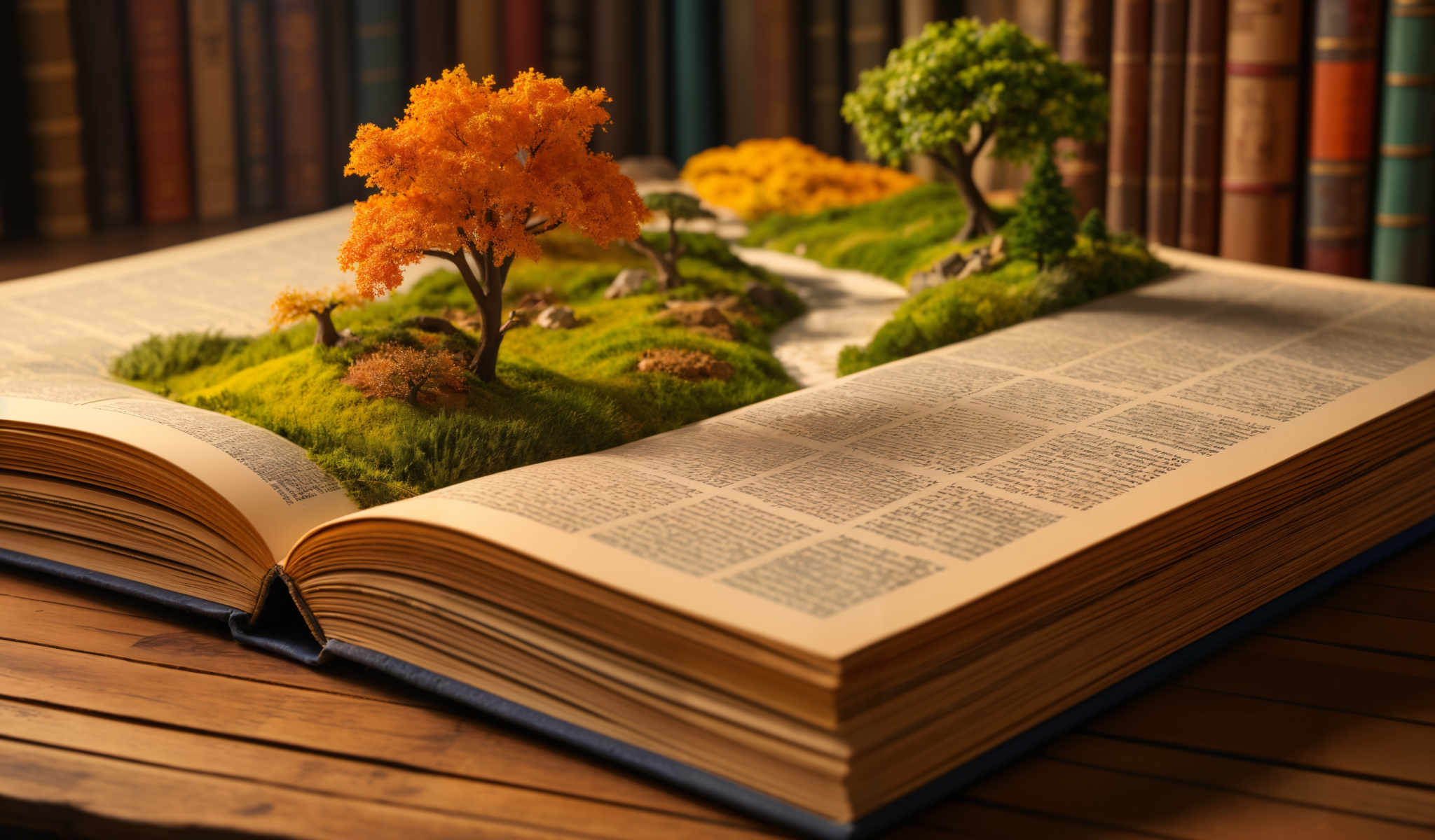 A book with a miniature landscape on top of it. The landscape includes a tree a hill and a river. The book is open to a page with text.