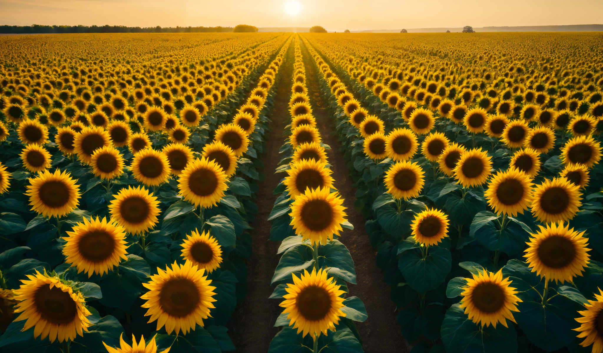 A field of sunflowers with a yellow sky in the background.