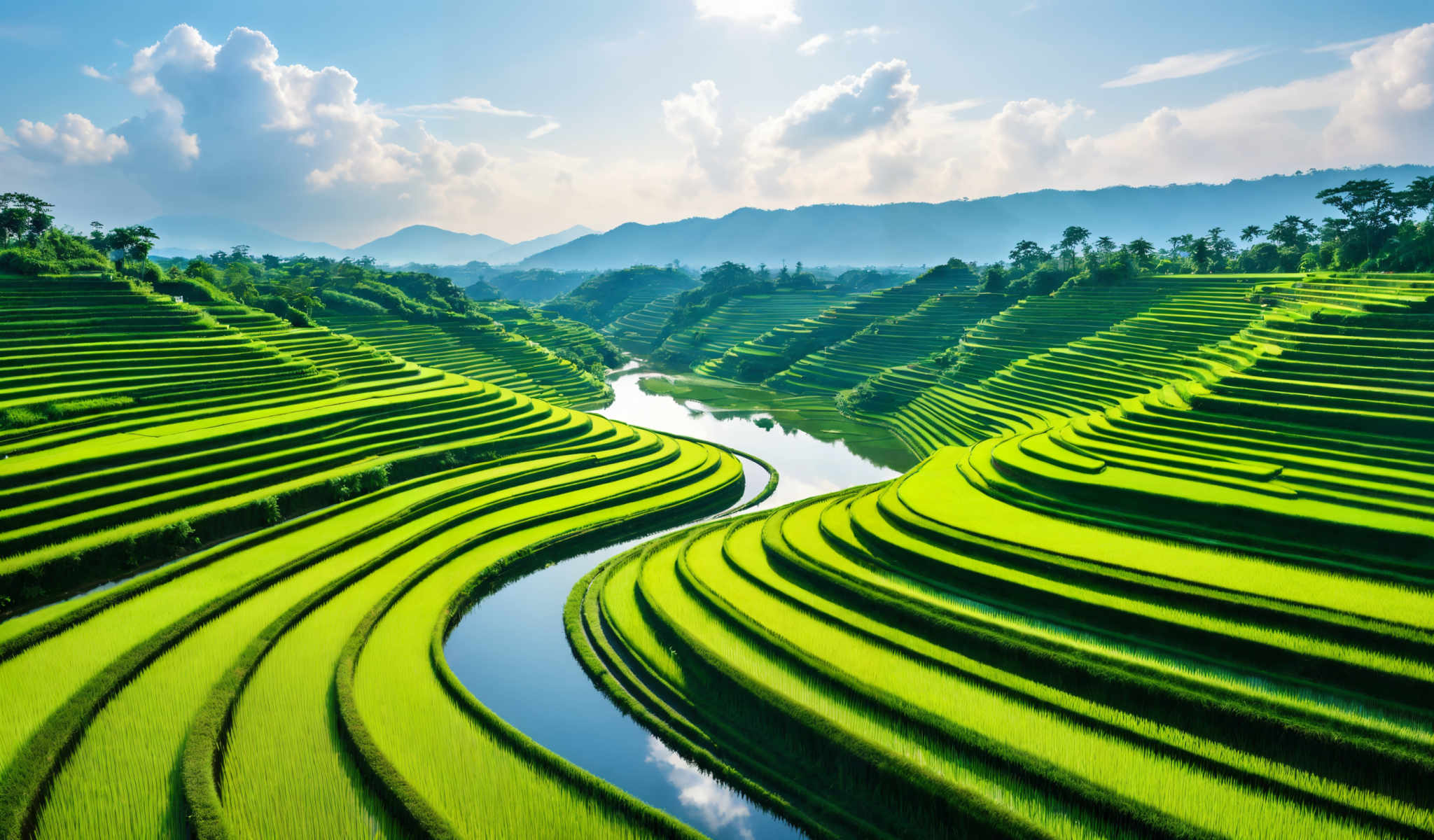 A serene landscape of a river meandering through a valley of rice paddies. The paddies are a vibrant green and the river is a deep blue. The sky above is a clear blue dotted with fluffy white clouds. The surrounding hills are covered in lush green trees and vegetation. The image captures the beauty of nature and the tranquility of the scene.