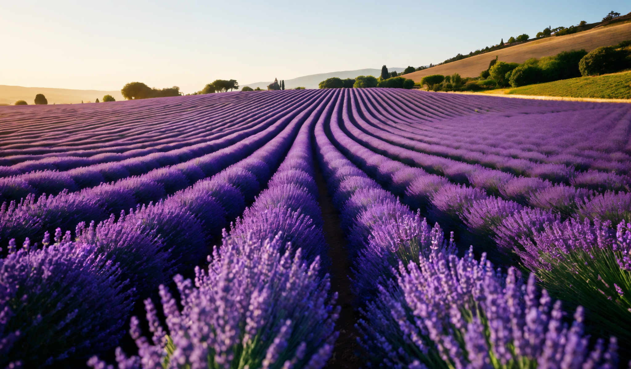 A field of lavender flowers with a blue sky in the background.