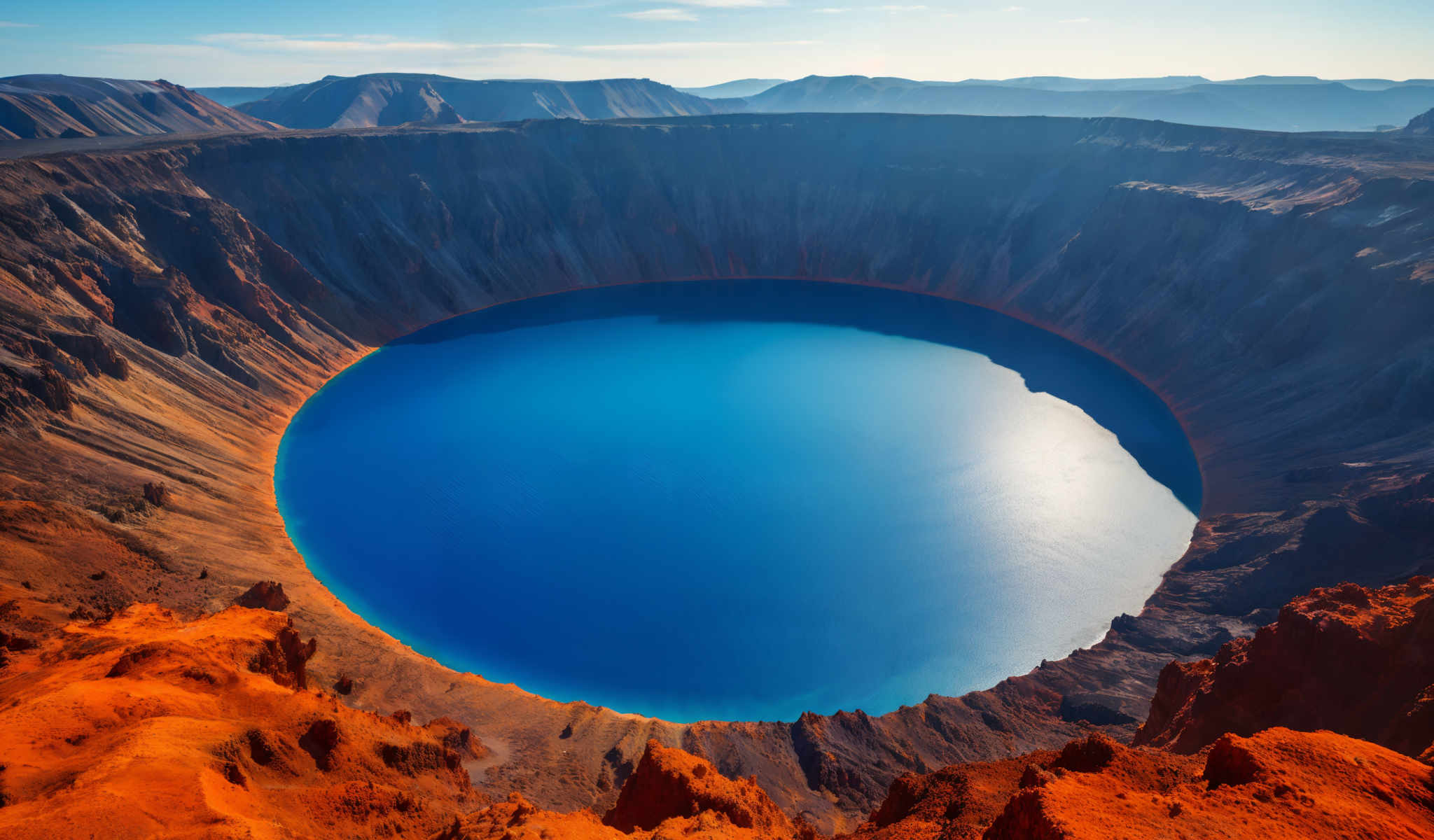 A large blue lake is surrounded by mountains and cliffs.