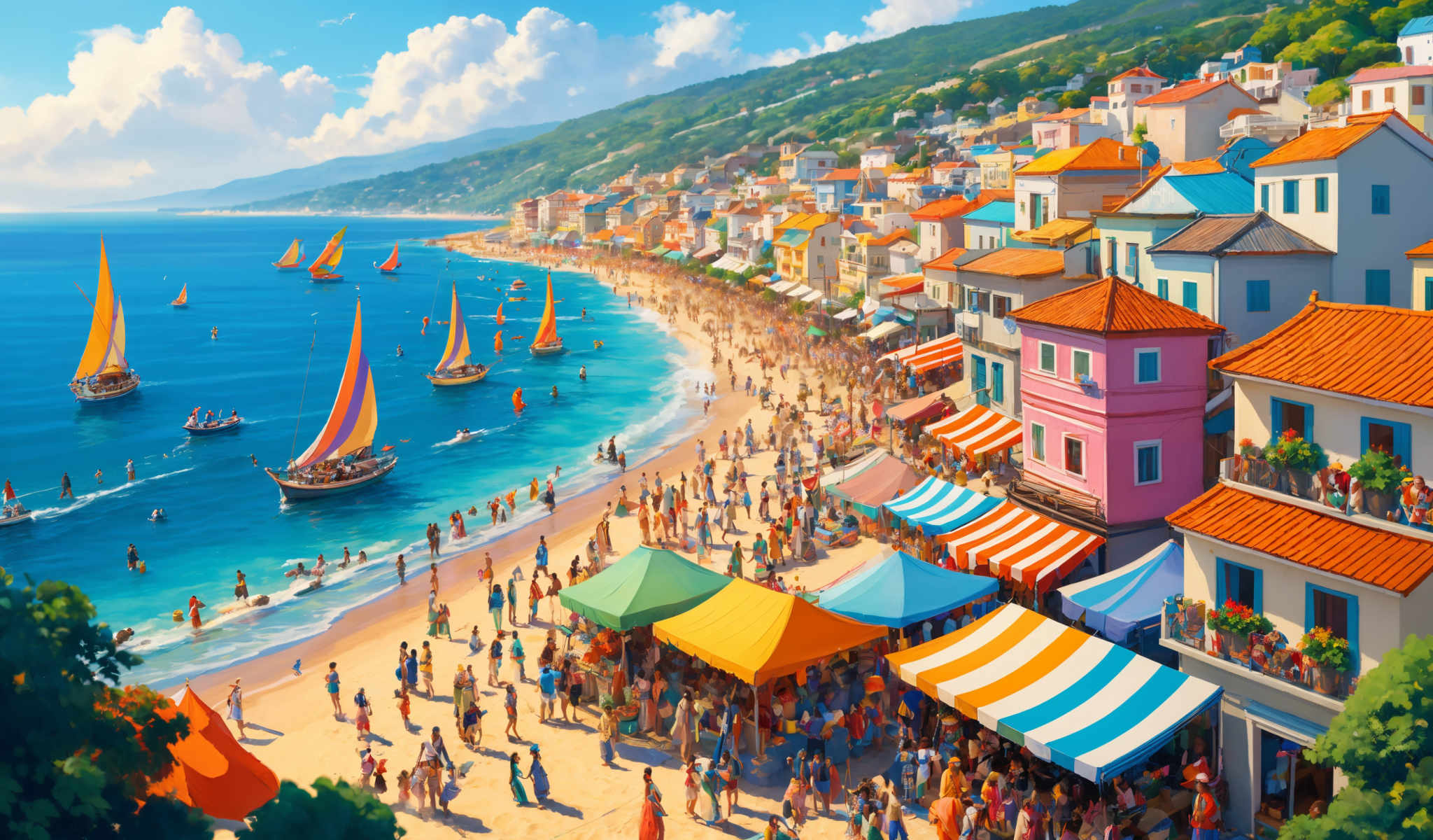 A beach scene with a crowd of people umbrellas and sailboats.