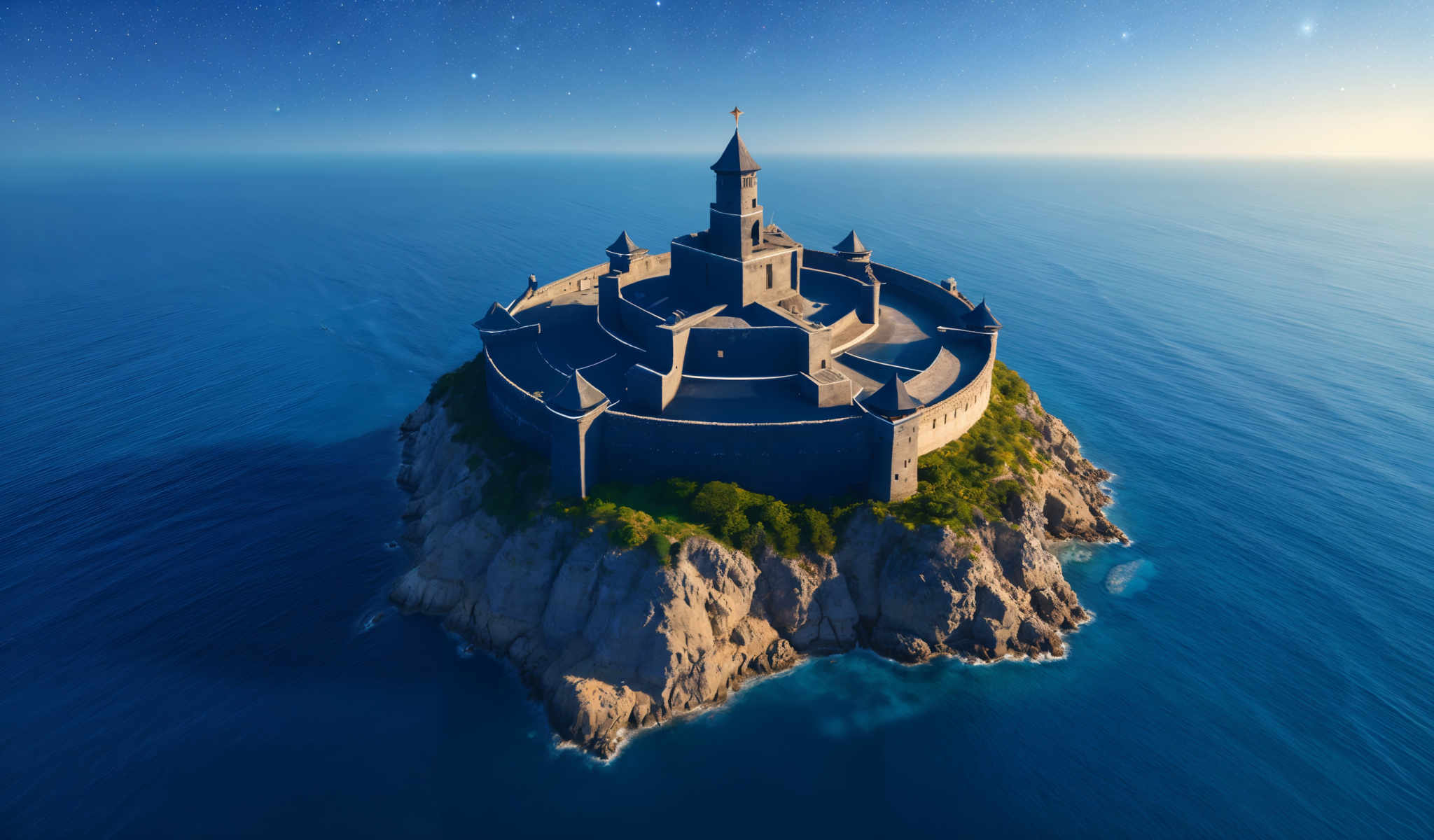 A castle is perched on a rocky island in the middle of the ocean. The castle is multi-leveled with towers and battlements. It is surrounded by the ocean and is illuminated by the moon.