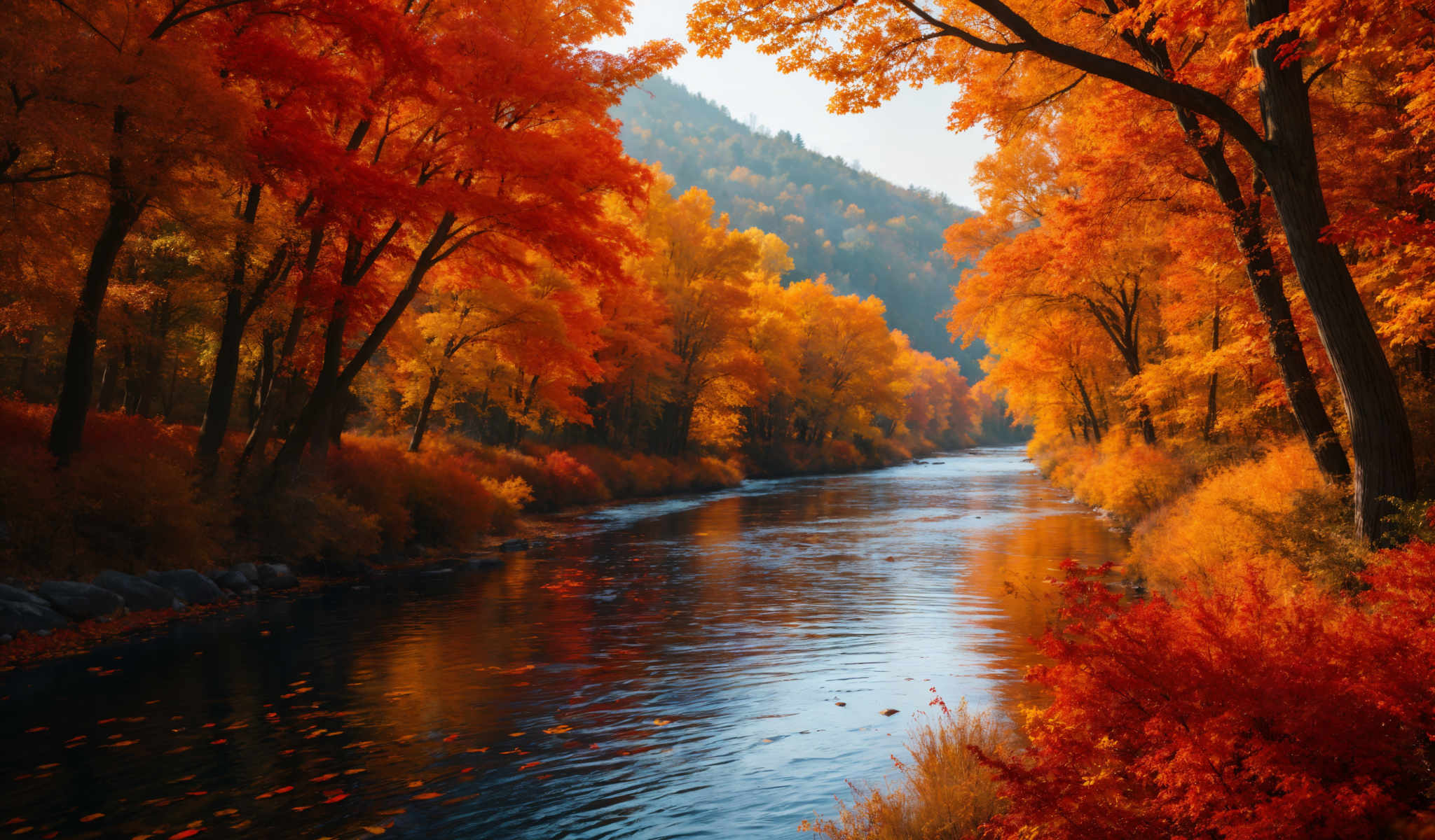 A serene autumn scene with a river flowing through a forest of trees with orange and yellow leaves. The river reflecting the colors of the trees is the main focus of the photo. The trees with their vibrant colors line the river creating a beautiful natural border. The photo is taken from a high angle providing a bird's eye view of the river and the surrounding forest. The colors in the photo are predominantly orange and green with some blue and brown accents. The image captures the essence of autumn with the leaves changing colors and the river flowing gently through the forest.