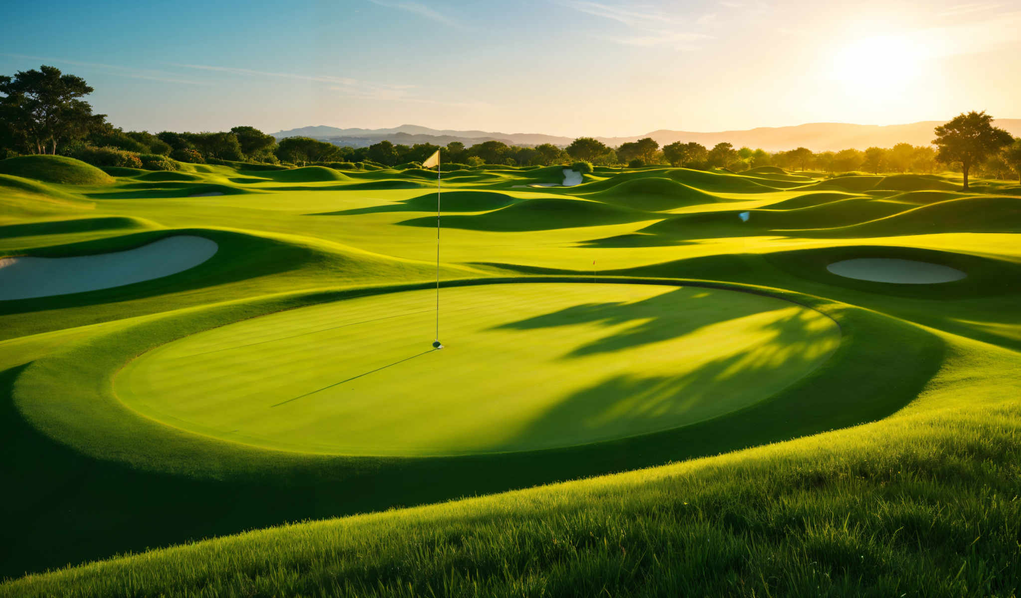 A golf course with a flag on the green.