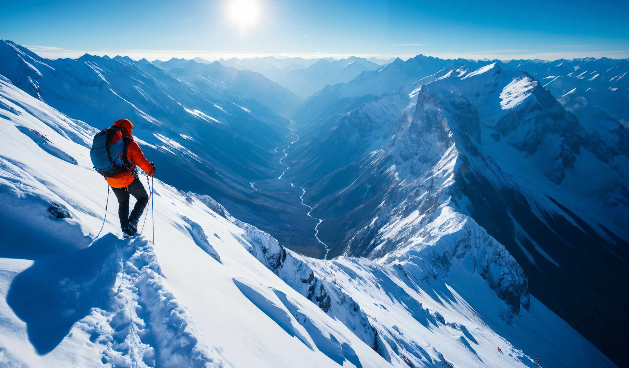 A skier in an orange jacket is on a snowy mountain.