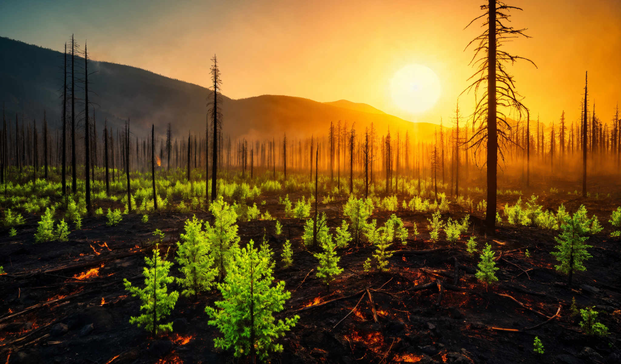 A forest of trees with a bright orange sunset in the background.