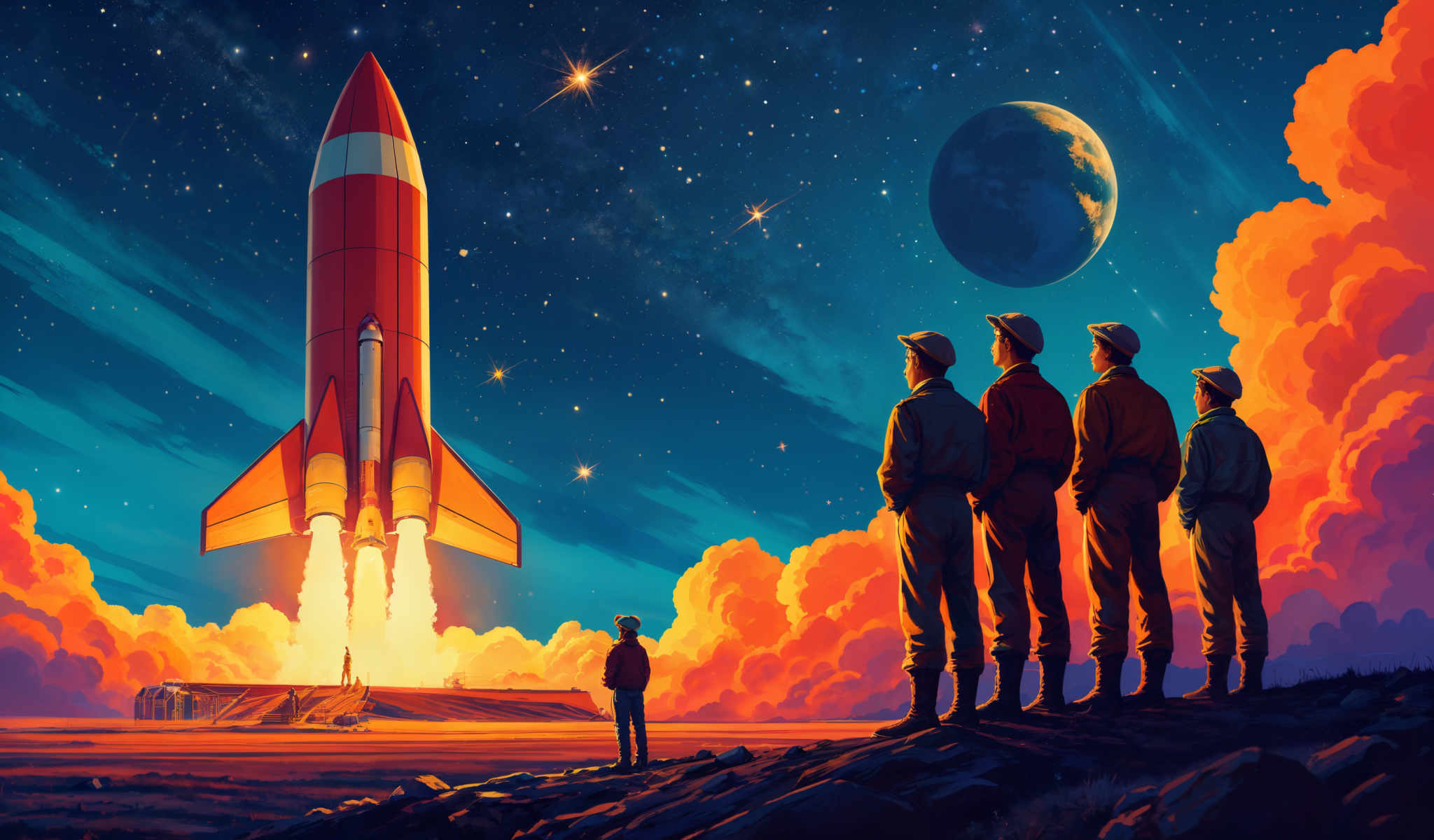 A group of people stand on a rocky outcropping watching a rocket launch. The rocket painted in vibrant shades of red and white is positioned on the left side of the scene. It's a powerful depiction of space exploration with the rocket's bright colors contrasting against the backdrop of the cosmos. The people dressed in practical clothing and hats are on the right side of image their attention riveted on the rocket. The sky is a deep blue dotted with stars and planets adding to the sense of vastness and wonder. The image is a digital illustration but it's so detailed and realistic that it's easy to imagine stepping into this scene and witnessing the launch firsthand.