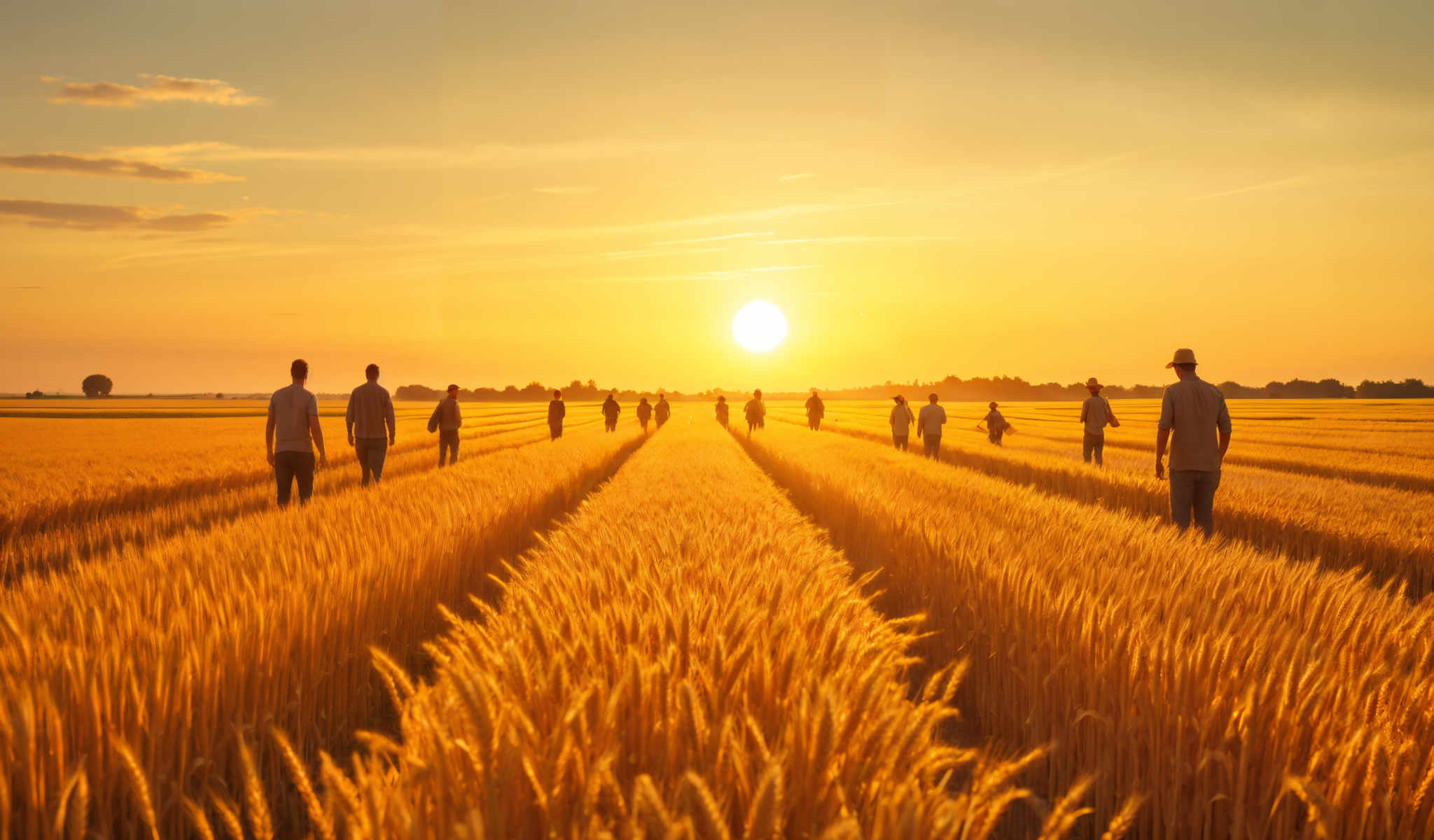 A group of people walking through a field of golden wheat.