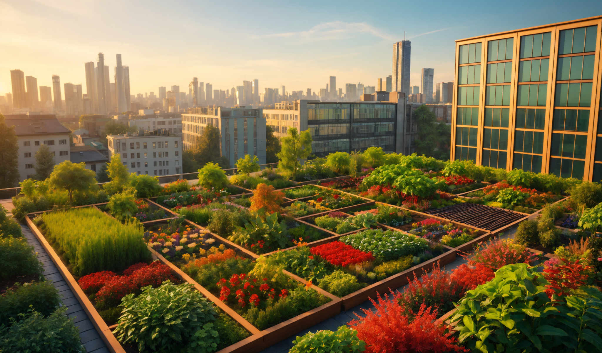 A city skyline with a large building in the background. The city is filled with tall buildings and skyscrapers. The sky is clear and blue. The buildings are made of glass and steel. The colors of the buildings are mostly gray and brown. The sun is shining brightly in the sky. The photo is taken from a high angle looking down on the city. The perspective is from above looking towards the city center. The image is a beautiful representation of a bustling city.