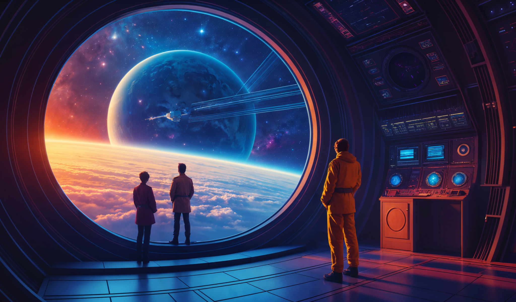 Three people stand in front of a large window that offers a view of a planet and a spaceship.