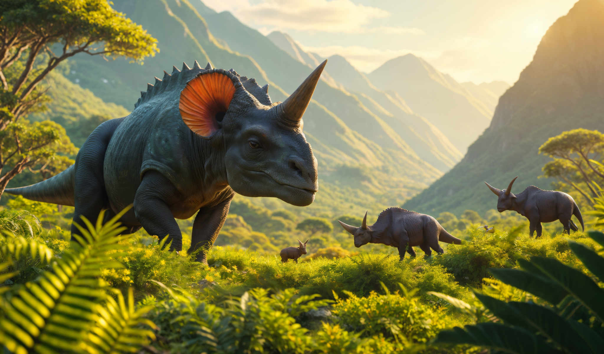 A dinosaur and two rhinos in a jungle.