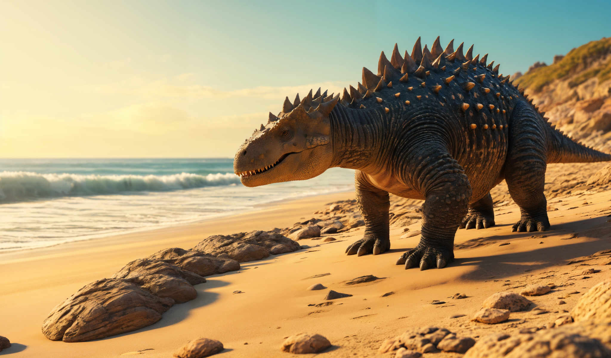 A dinosaur-like creature with sharp teeth and spikes on its back is walking on a sandy beach.