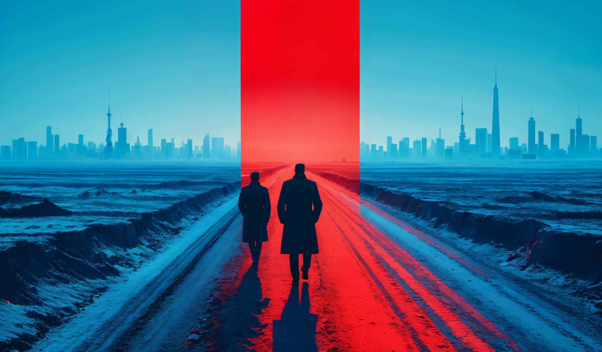 Two people walking down a road with a red and blue background.