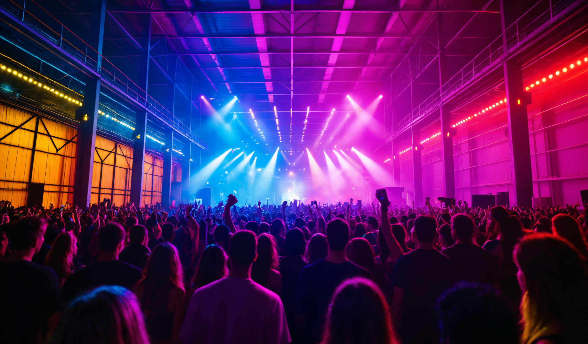 A large crowd of people are gathered in a large room with a stage at the front. The stage is brightly lit with purple and pink lights creating a vibrant atmosphere. The crowd is actively participating in the event with many people raising their hands in the air and taking pictures with their phones. The room itself is quite spacious with high ceilings and large windows that let in ample natural light. The overall scene suggests a lively and energetic event taking place.