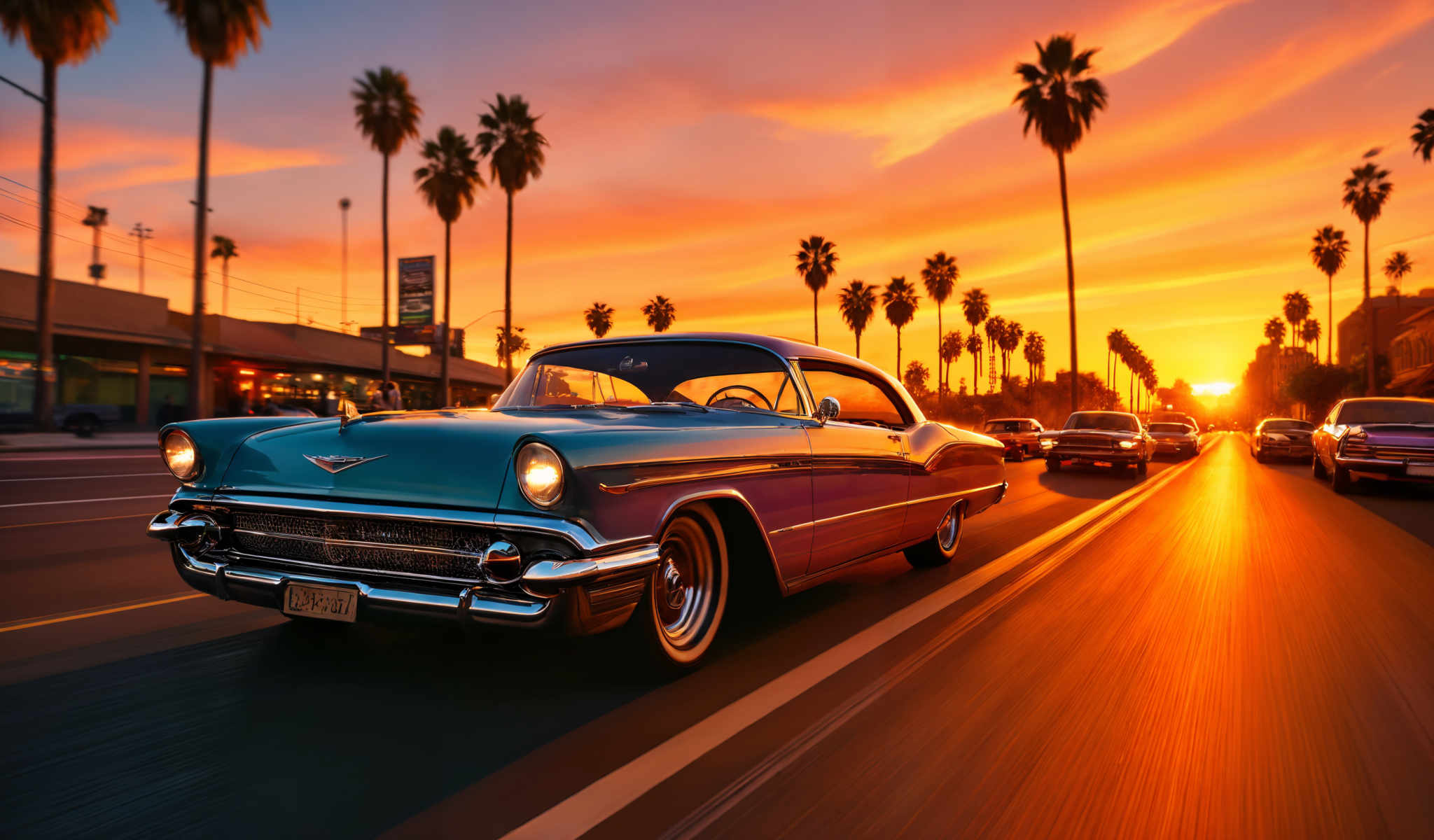 A vintage car with a blue body and a purple roof is driving down a road. The car is a convertible with a white top. The road is lined with palm trees and the sky is orange.