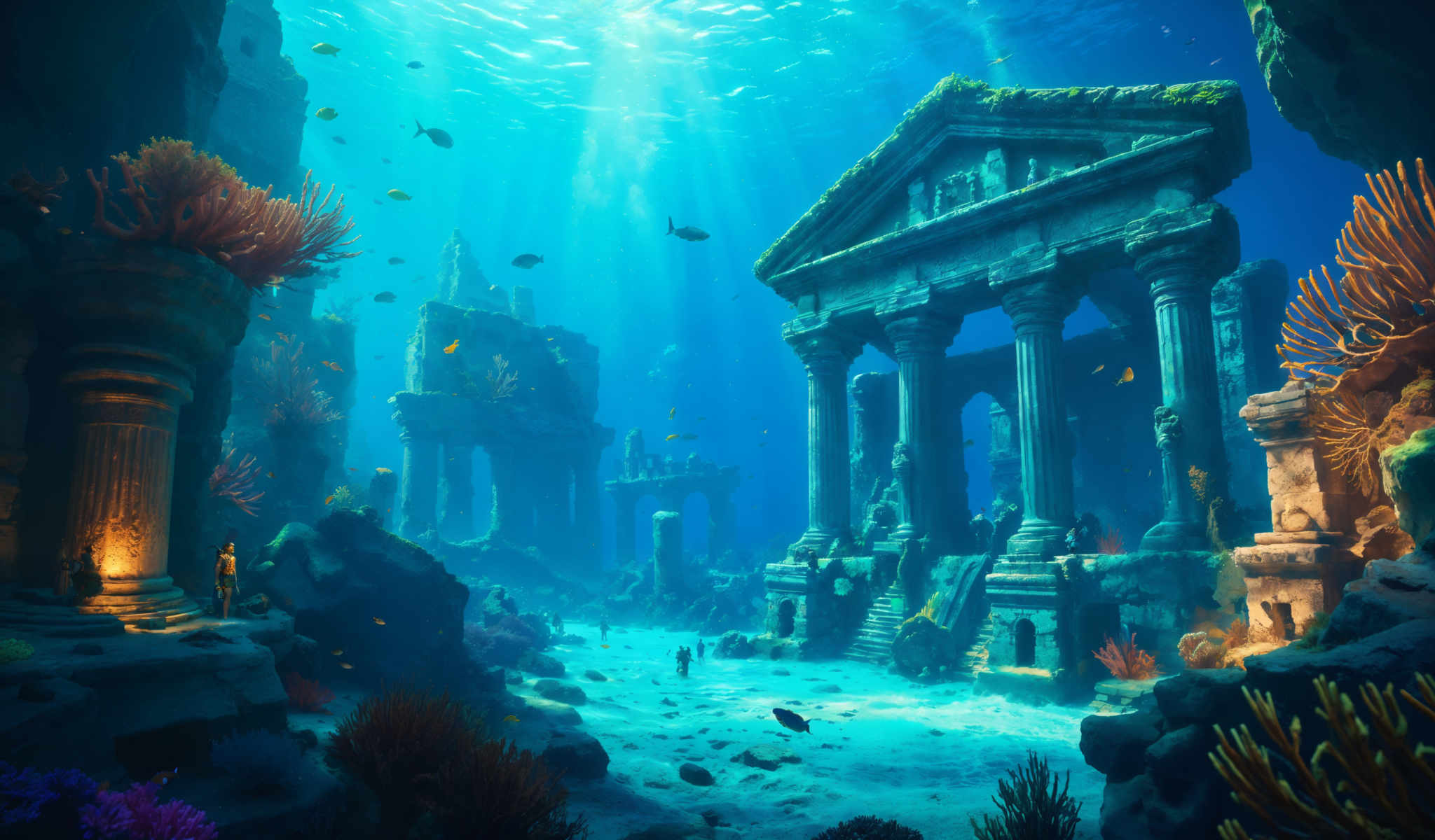 A deep blue ocean scene with a temple and fish.