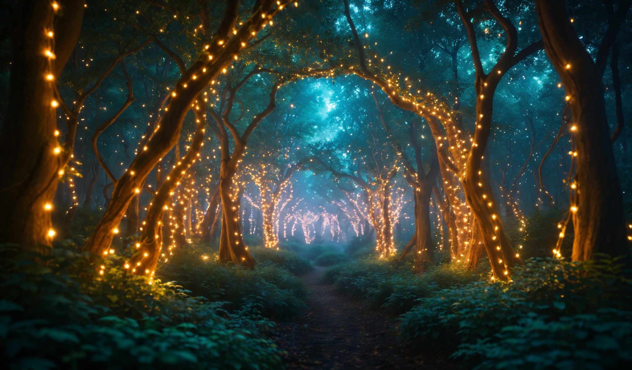 A forest of trees with lights on them.