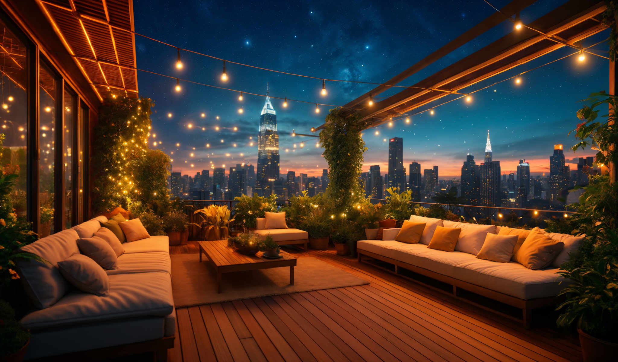 A rooftop patio with a city skyline in the background. The patio is adorned with a wooden floor white pillows and a wooden coffee table. The city skyline is illuminated with lights and has a tall building with a clock tower. The sky is dark and the city lights are bright. The photo is taken at night.