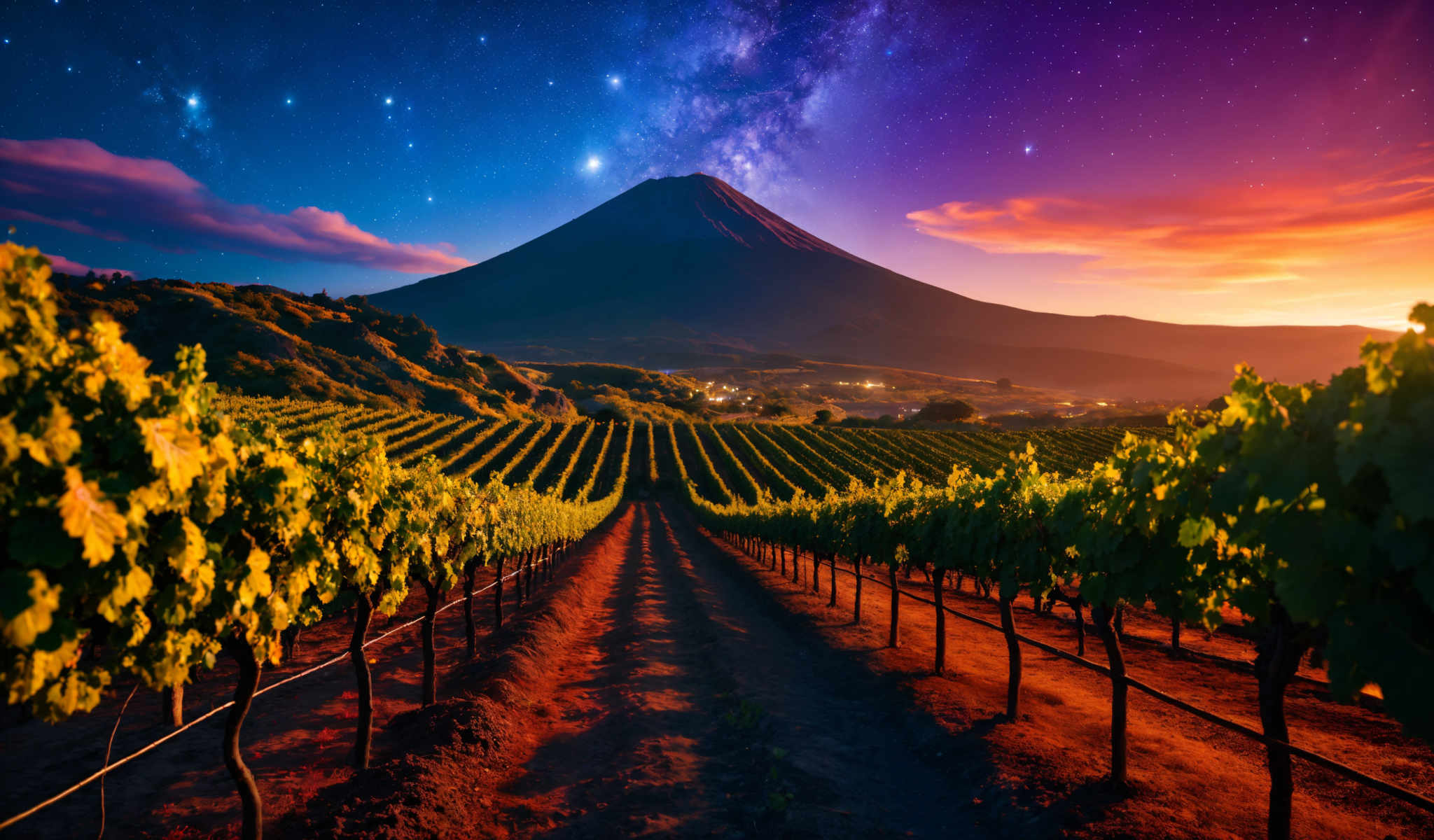 A vineyard with a mountain in the background.