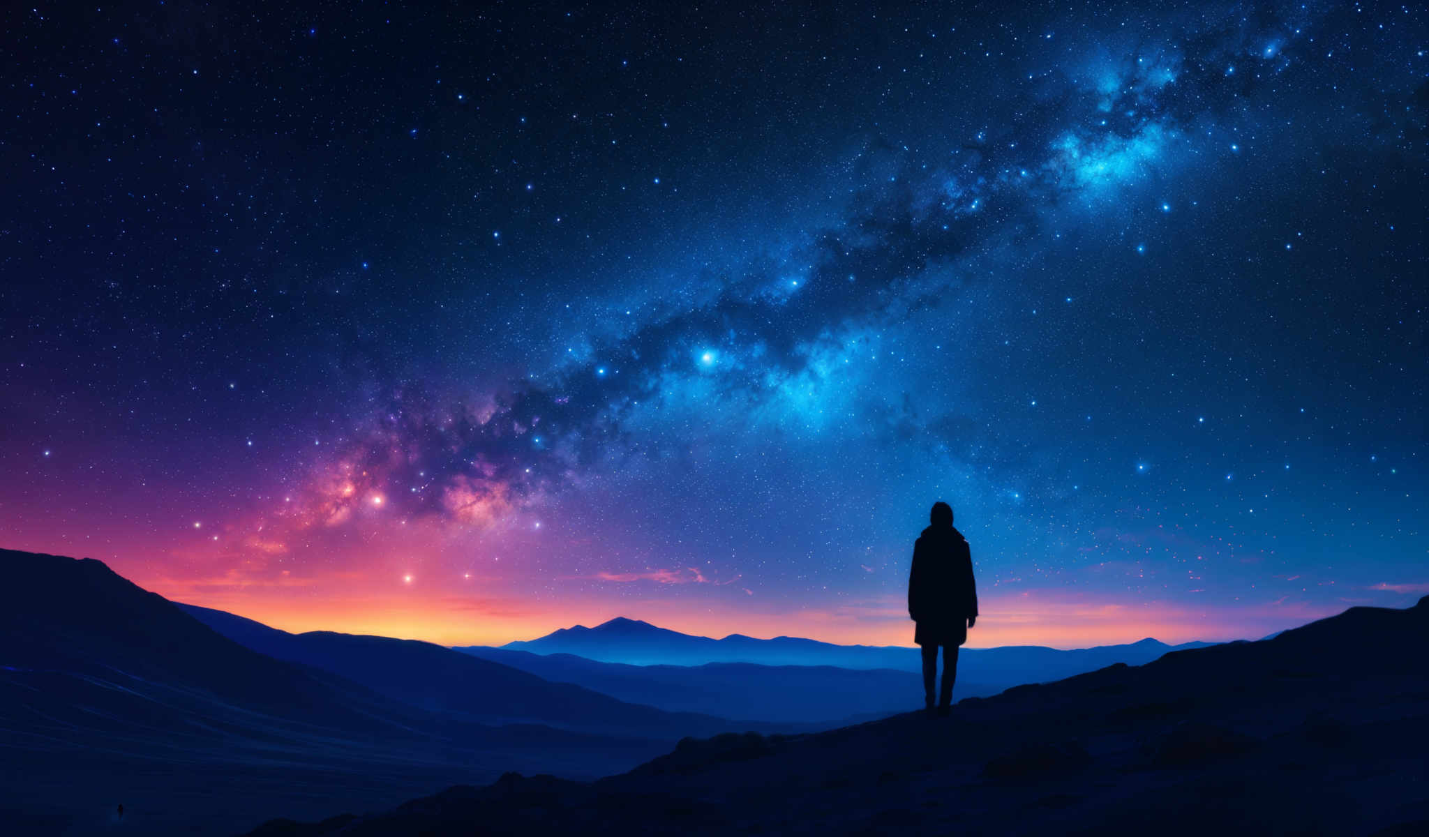 A person stands on a hill looking out over a mountain range. The sky is filled with stars and the sun is setting casting a warm glow on the mountains. The person is silhouetted against the sky adding a sense of mystery to the scene. The mountains in the background are majestic and serene providing a beautiful backdrop for the person. The colors in the image are vibrant with the warm hues of the sunset contrasting with the cool tones of the stars and mountains. This image captures a moment of quiet reflection and awe-inspiring natural beauty.