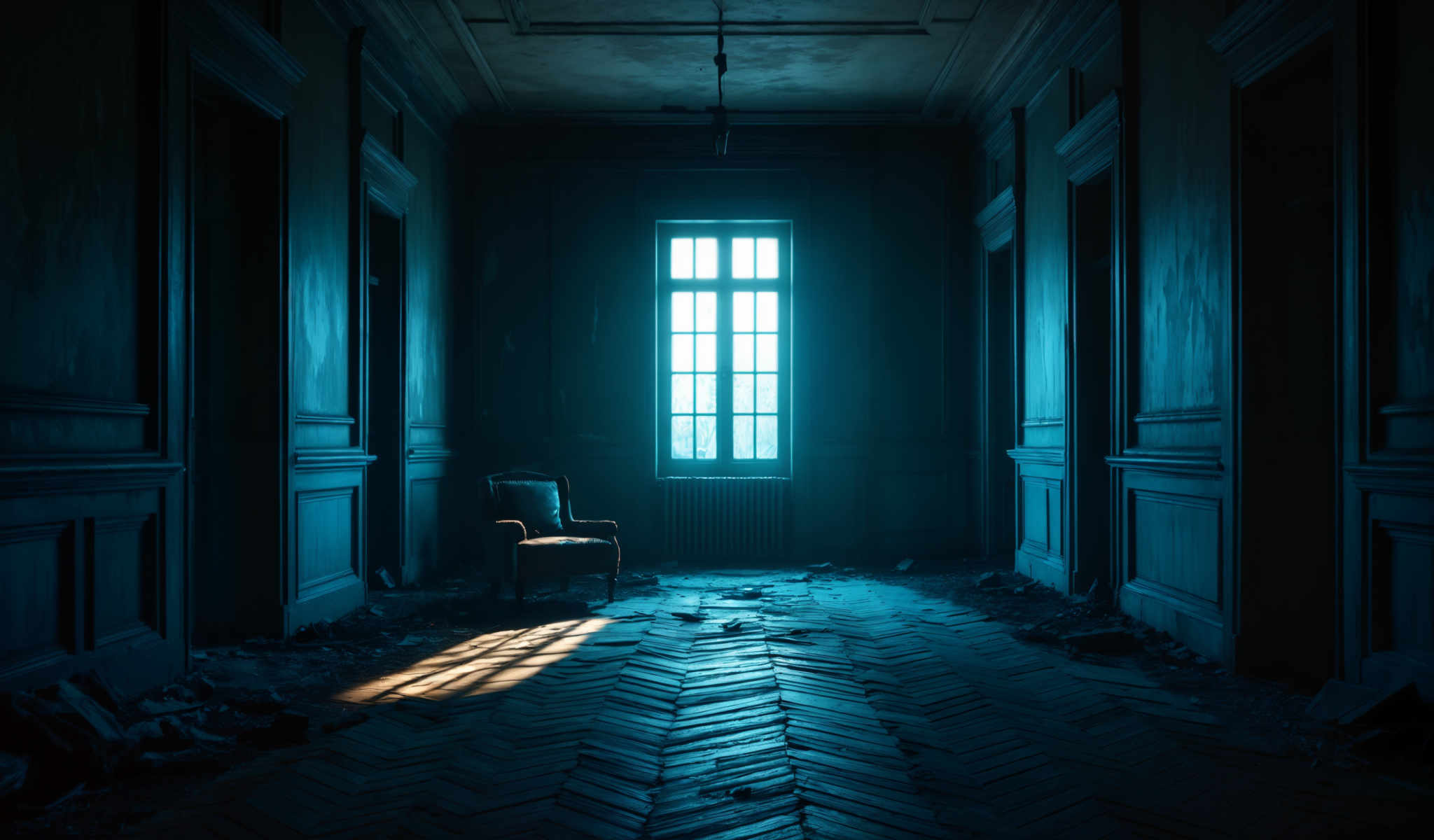 A dark room with a blue window and a chair.