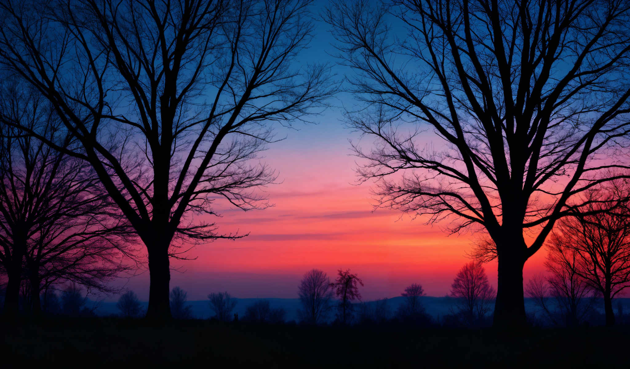 The image captures a serene scene of a sunset over a mountain range. The sky is painted with hues of pink and orange creating a beautiful backdrop for the silhouettes of trees. The trees standing tall and dark are positioned on either side of the frame framing the breathtaking view of the sunset. The mountain range in the distance adds depth to the image enhancing the overall composition. The image is a perfect blend of nature's elements captured in a single frame.