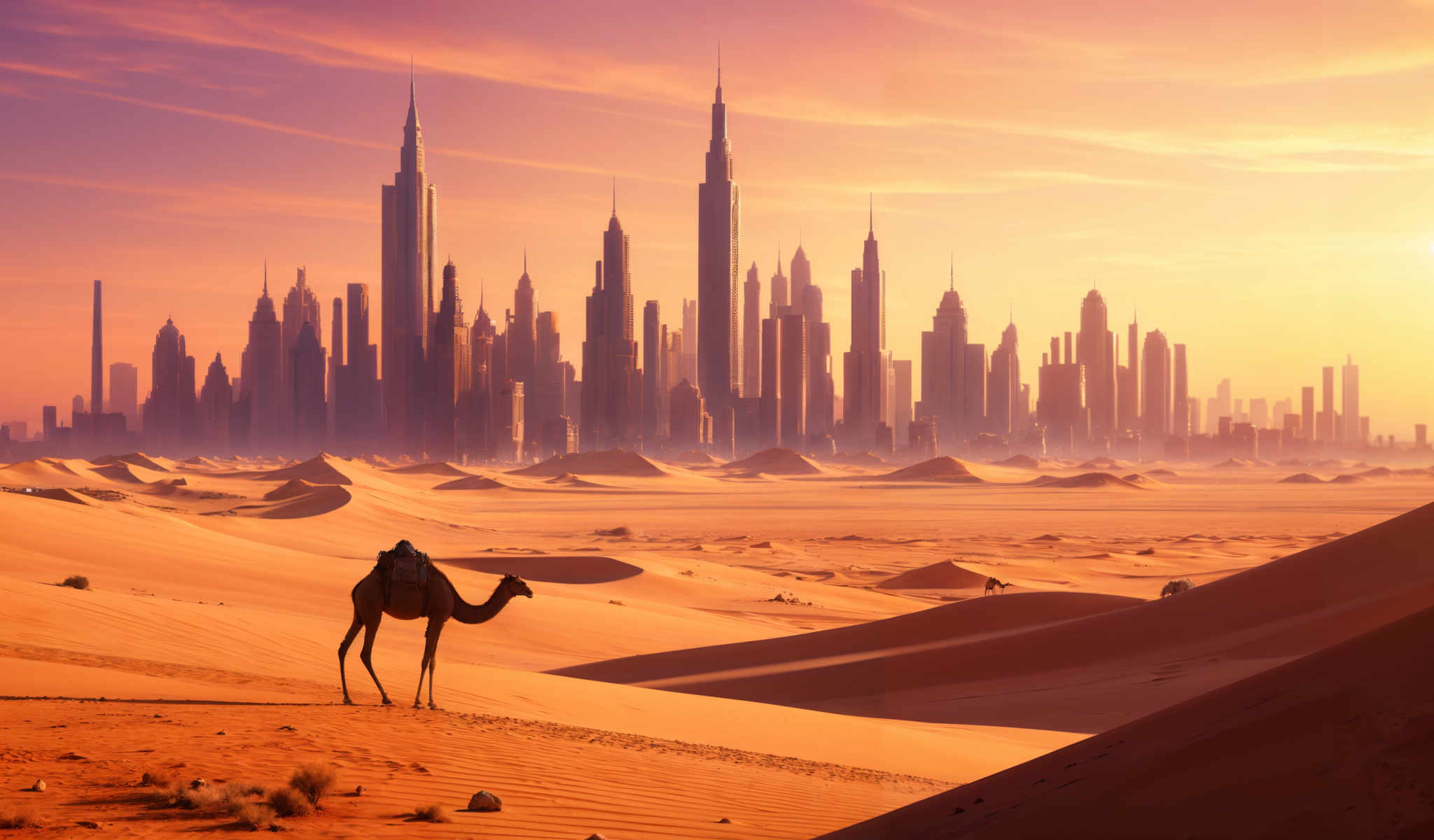 A camel is walking in a desert with a city skyline in the background.