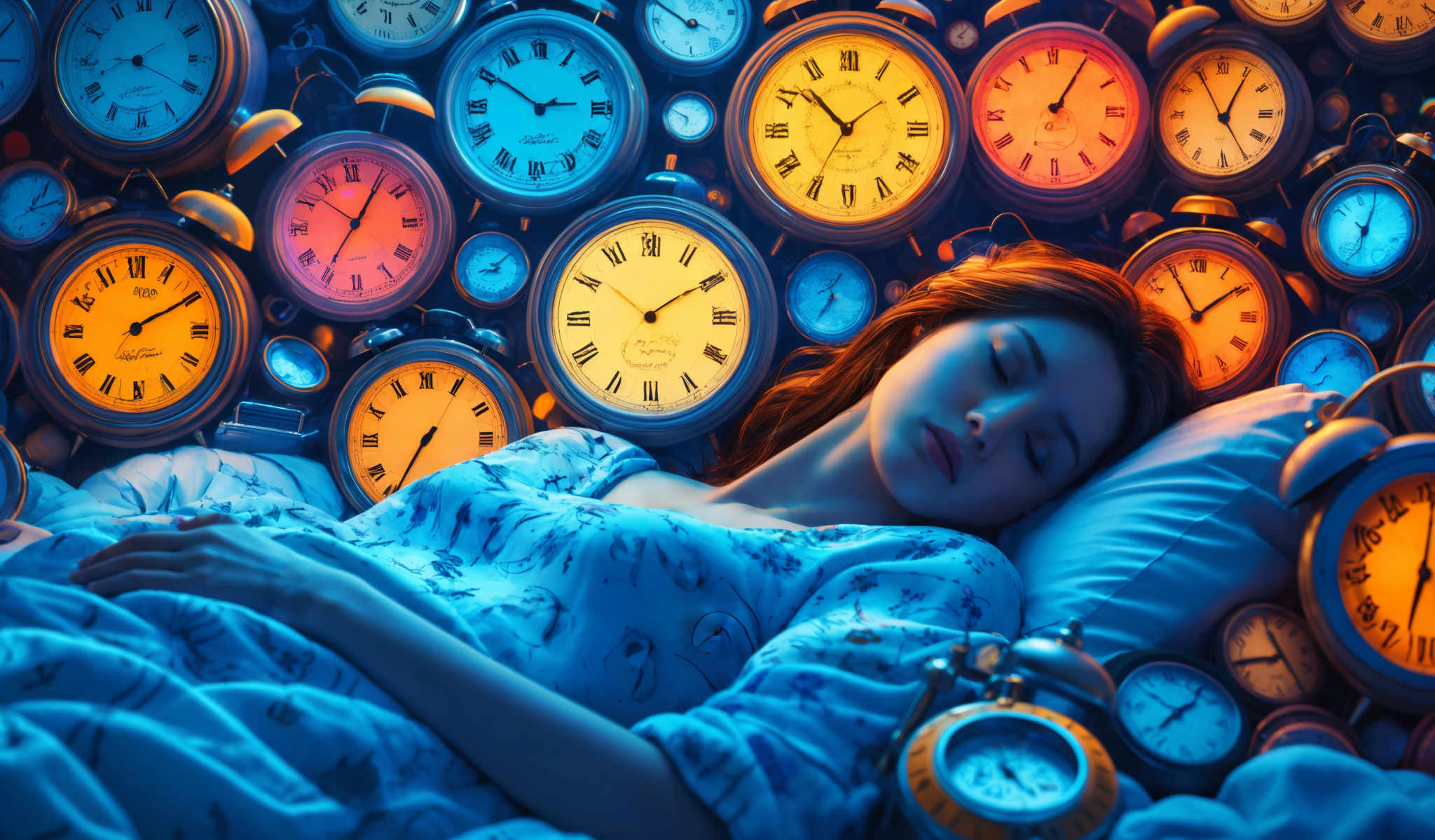 A woman is sleeping in a bed with a blue and white patterned shirt. She is surrounded by a multitude of clocks each displaying different times.