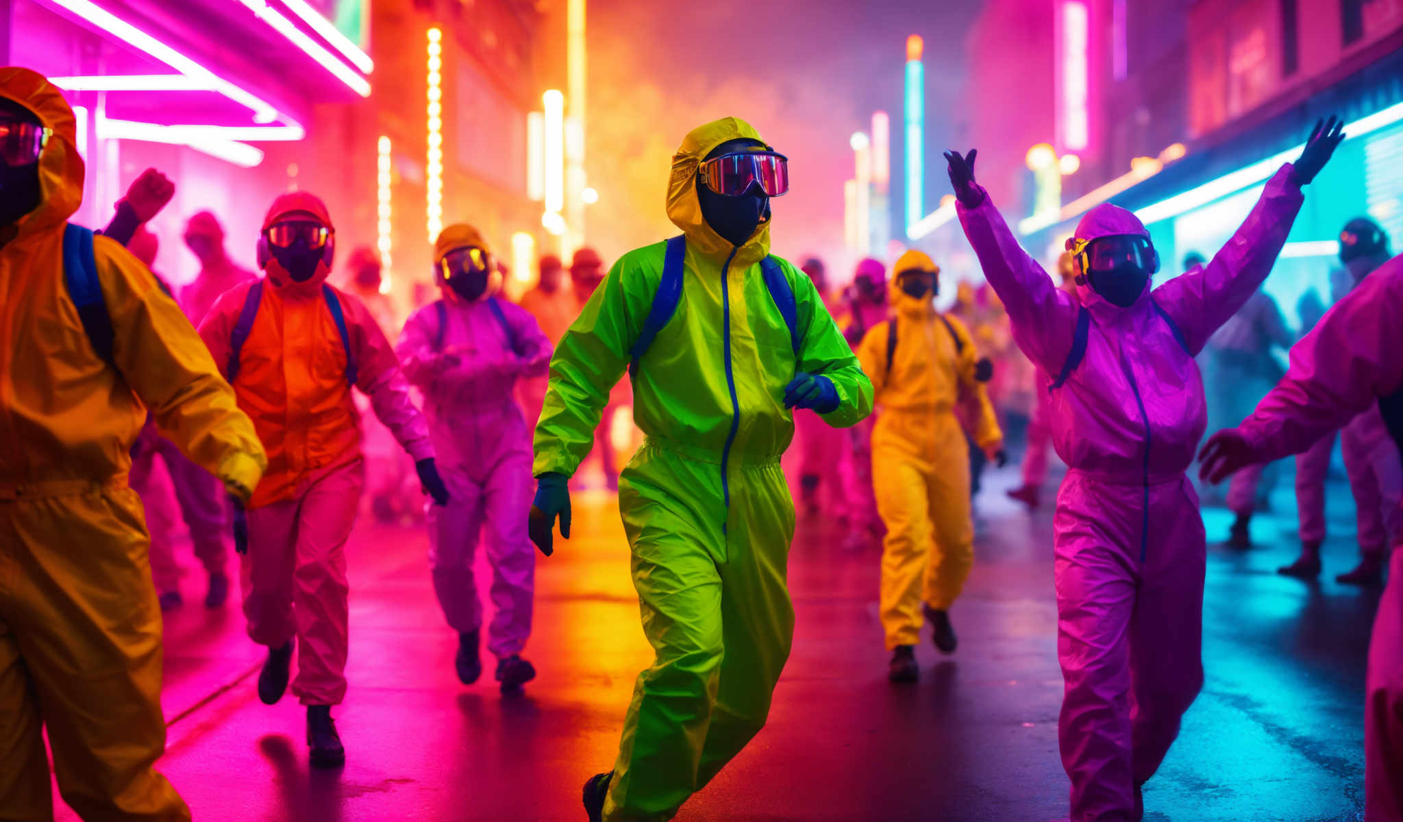 A group of people in neon yellow and pink suits are walking down a street.