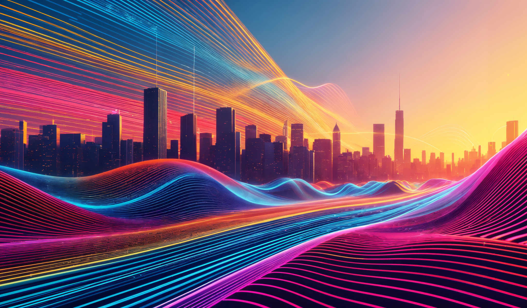 A city skyline with a sunset in the background. The buildings are tall and colorful. The sky is filled with streaks of light. The city is lit up with a lot of lights. The colors are vibrant and bright. The image is a digital art piece.