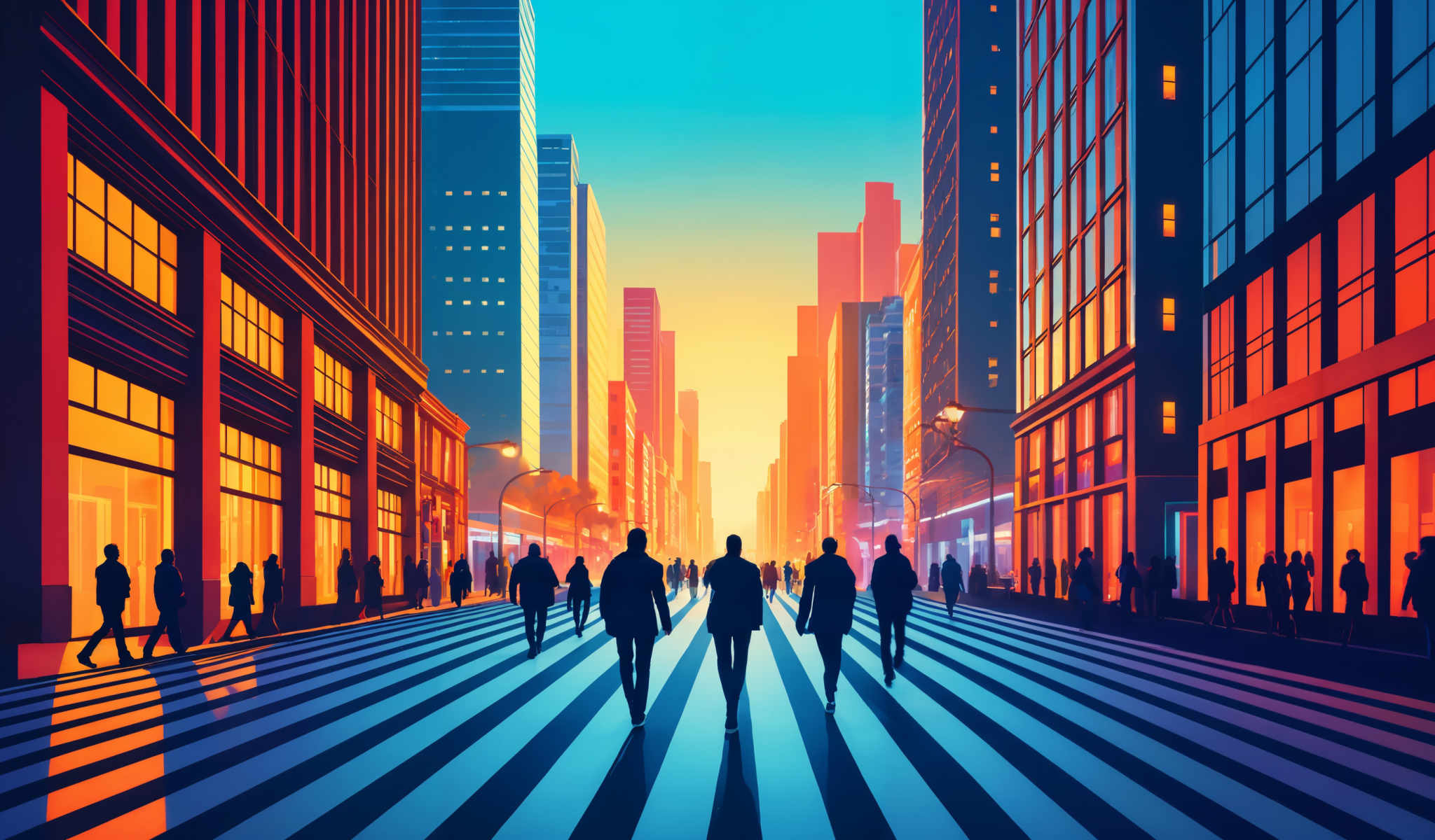 A group of people walking down a city street at sunset.