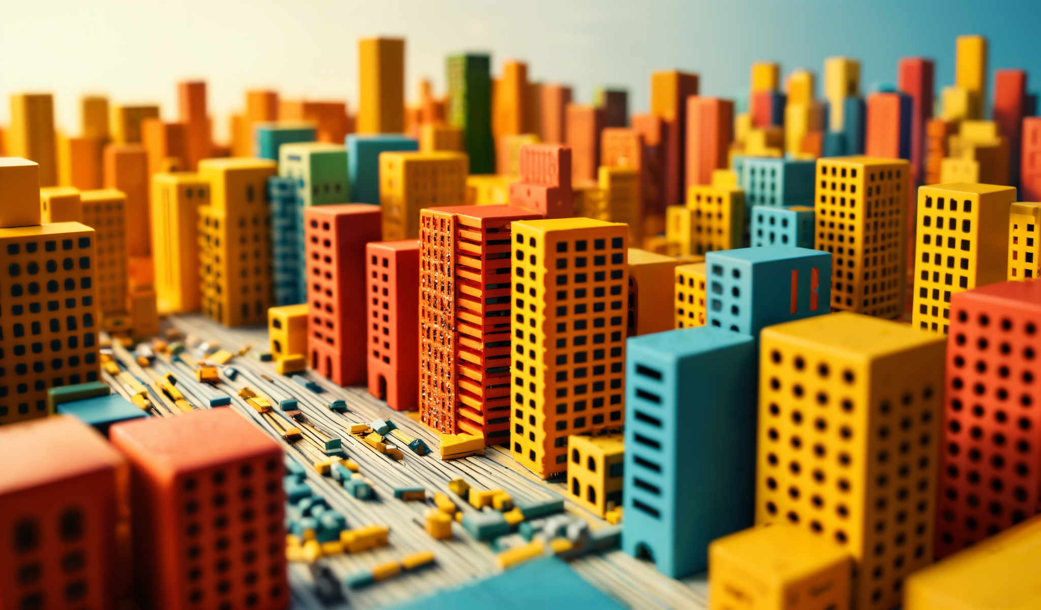 A 3D cityscape with buildings in various colors including red yellow blue and green. The buildings are stacked on top of each other creating a sense of depth and perspective. The city appears to be bustling and vibrant with the buildings varying in height and design. The colors of the buildings add a sense vibrancy and liveliness to the scene. The image is a 3d rendering giving it a realistic and detailed appearance. The overall impression is of a busy colorful cityscape.